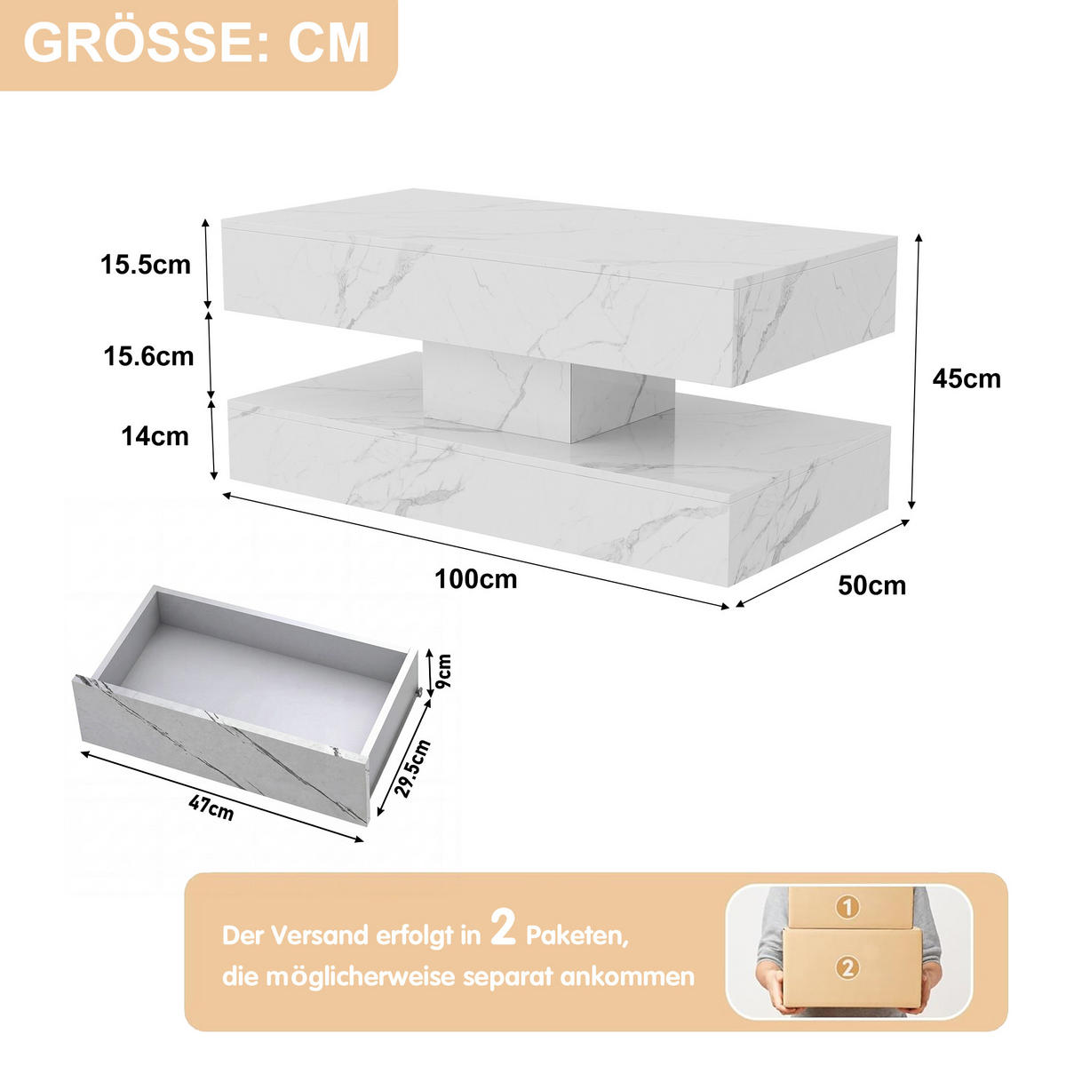 SOFFBORD med LED-belysning, förvaringsutrymme och marmorlook, vitt - Vit, Trä (100/50/45cm) - SHOPENTRA
