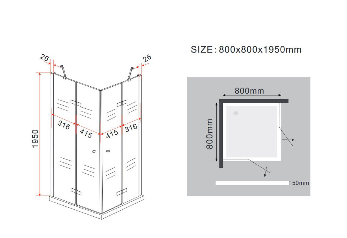 DUSCHKABINE CORNO Klar 80 x 80 x 195 cm 8 mm ESG - Klar, Glas (80/80/195cm) - Glasdeals