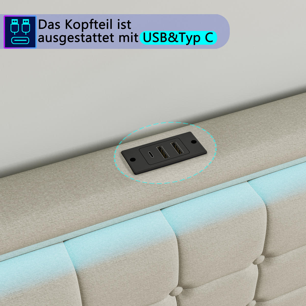POLSTERBETT 140x190 cm, Beige, LED-Beleuchtung - Beige, Textil/Metall (140/190cm)