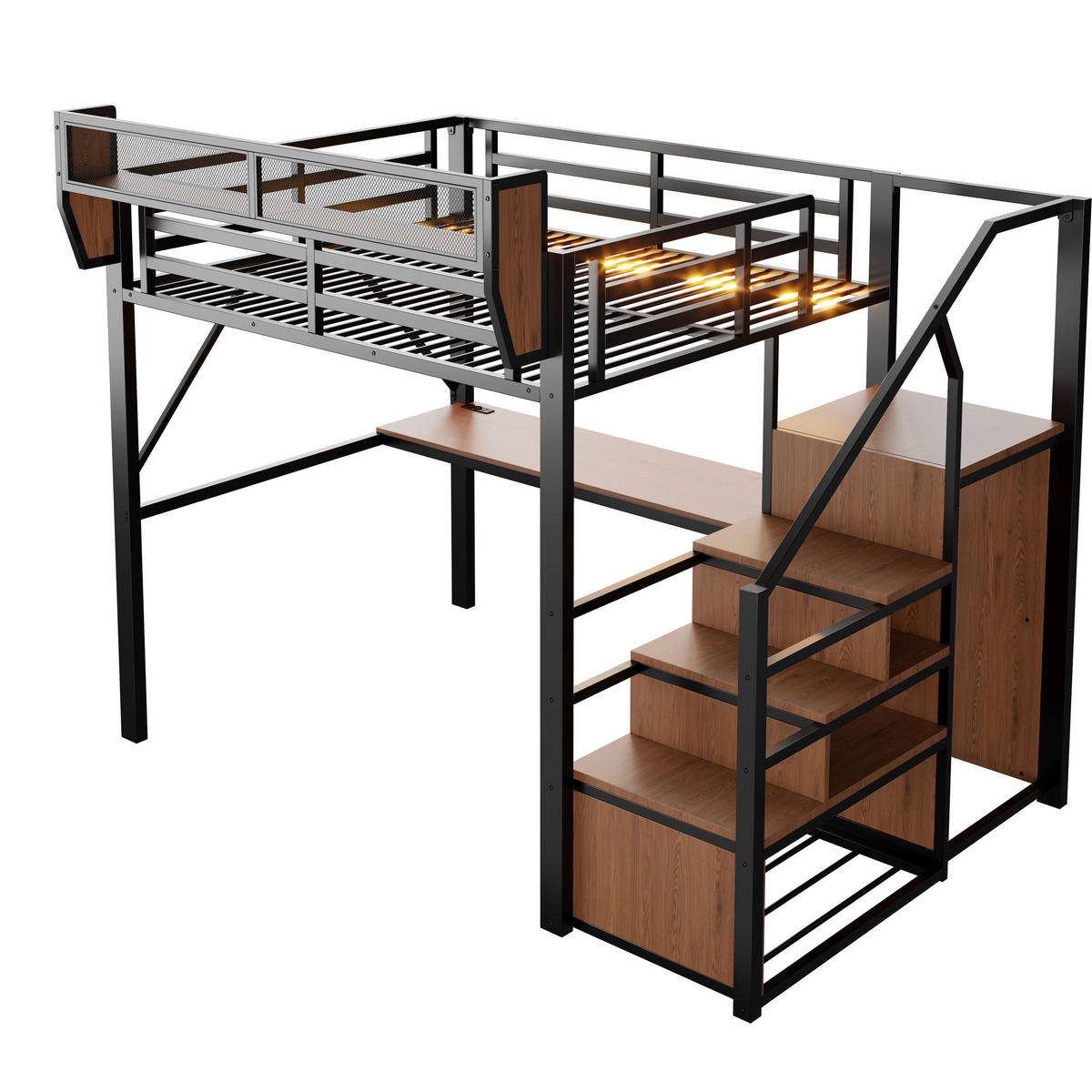 HOCHBETT 140/200 cm in Schwarz mit LED-Lichtleiste, Schreibtisch, Sicherheitsleiter und Stauraum - Schwarz, Metall (140/200cm) - STILVORA