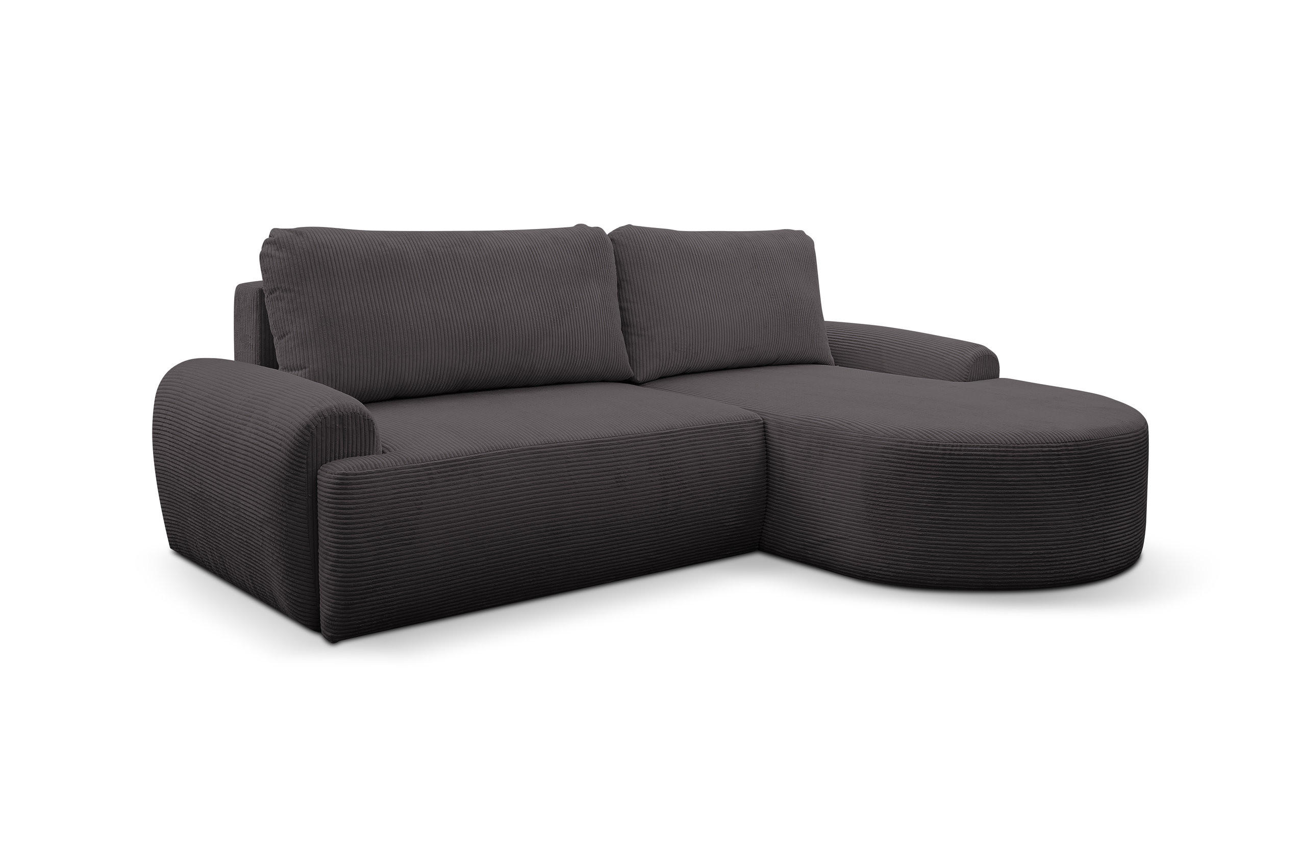 ECKSOFA Dream Cord in L-Form mit Schlaffunktion und Bettkasten, Farbe: Grau, Cordstoff, Ottomane Rechts - Grau, Textil (260/136cm) - VENASI MÖBEL