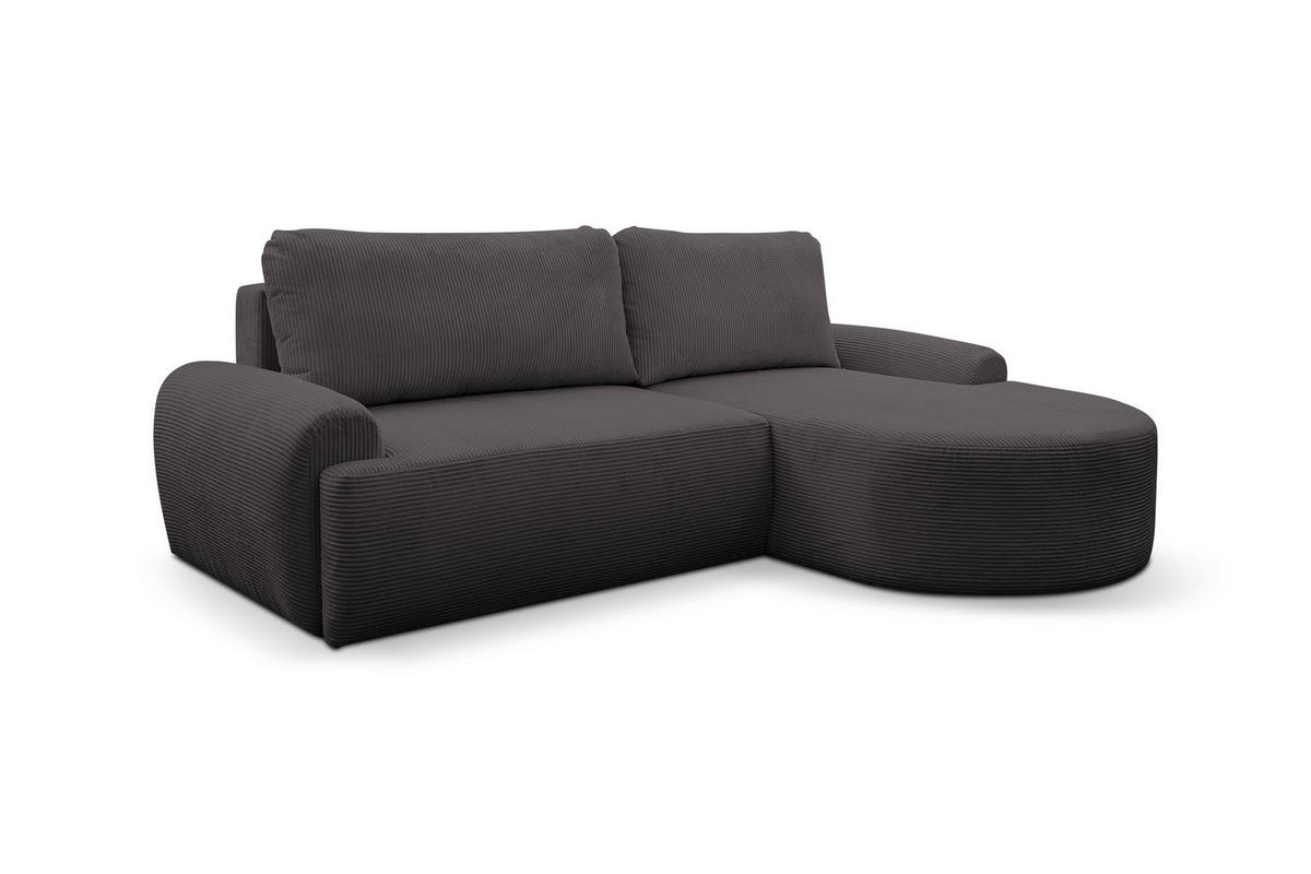 ECKSOFA Dream Cord in L-Form mit Schlaffunktion und Bettkasten, Farbe: Grau, Cordstoff, Ottomane Rechts - Grau, Textil (260/136cm) - VENASI MÖBEL