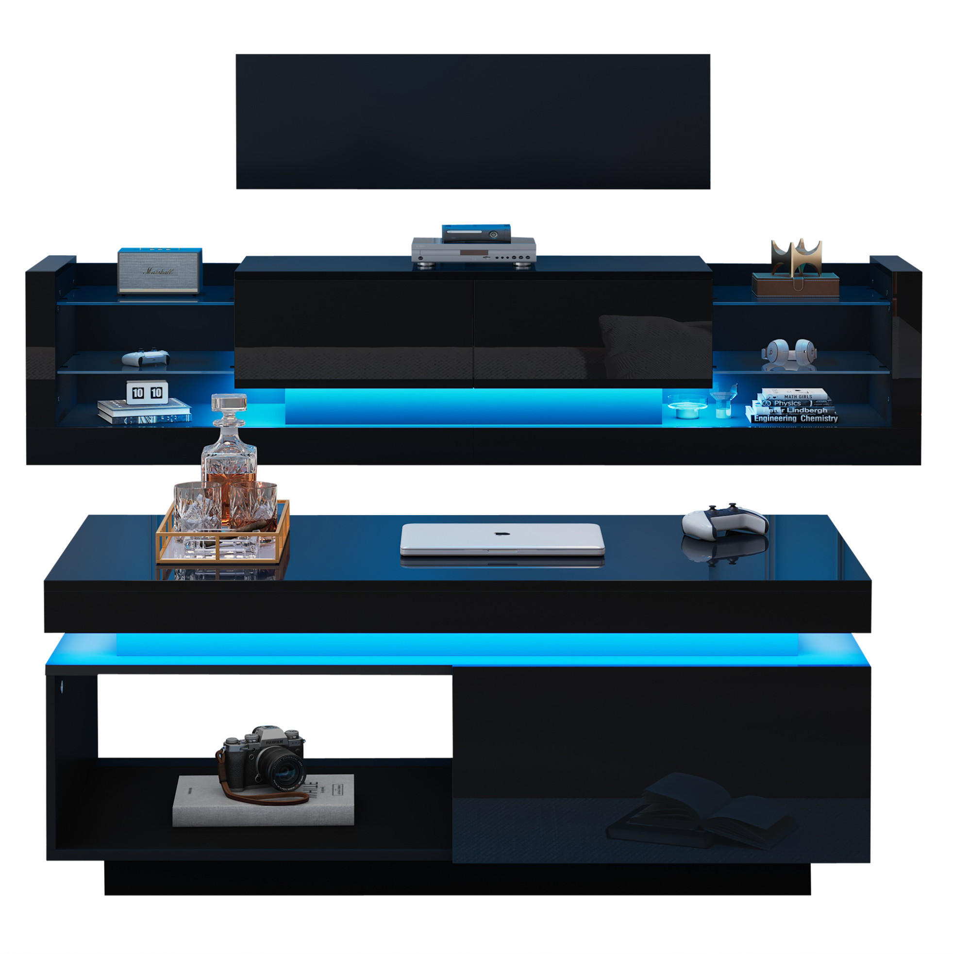 TV sestava 181/38/38 cm černá z dřevotřísky s LED osvětlením a konferenčním stolkem - černá, kompozitní dřevo (181/38/38cm) - OKWISH