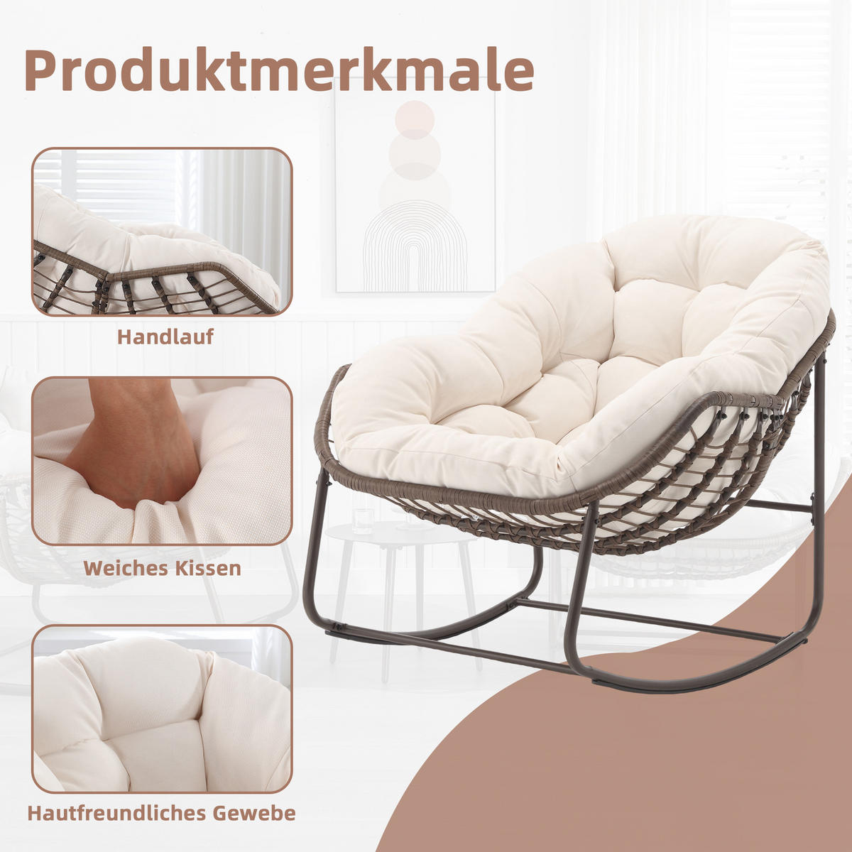 SCHAUKELSTUHL Schaukelsessel Garten,Rattanstuhl mit Stahlrahmen,Weiß-Polyester - Beige, Metall (94.5/80/111cm) - LVHOM