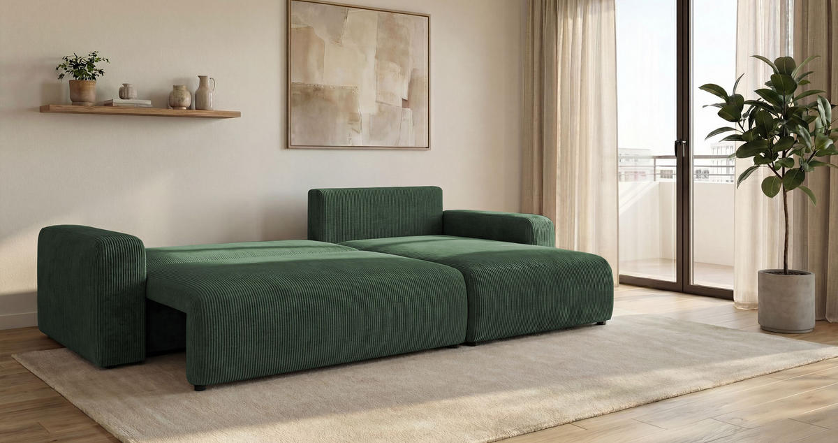 ROHOVÁ pohovka BERLIN pravá zelená manšestr Poso 14 - funkce spaní, úložný prostor - zelená barva, textil (285/184cm) - Cornero