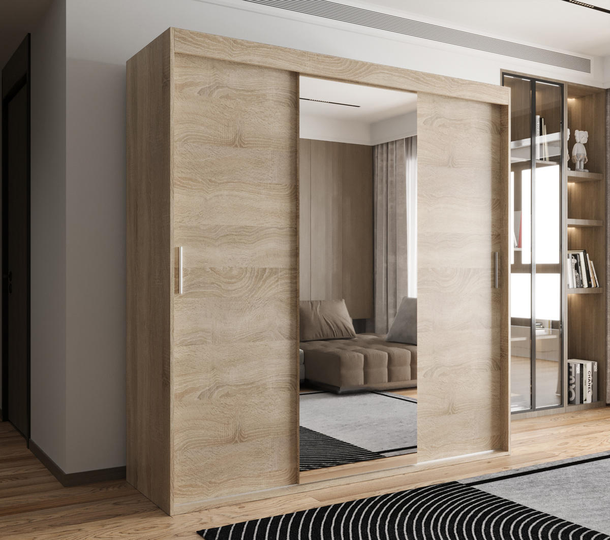 SCHIEBETÜRENSCHRANK OTARIO, 3-türig Kleiderschrank mit 1 Spiegel, Moderne Garderobe, Schrank in Größe: 180 x 205 x 60 cm - Braun, Holzwerkstoff (180/205/60cm) - O-Sofa