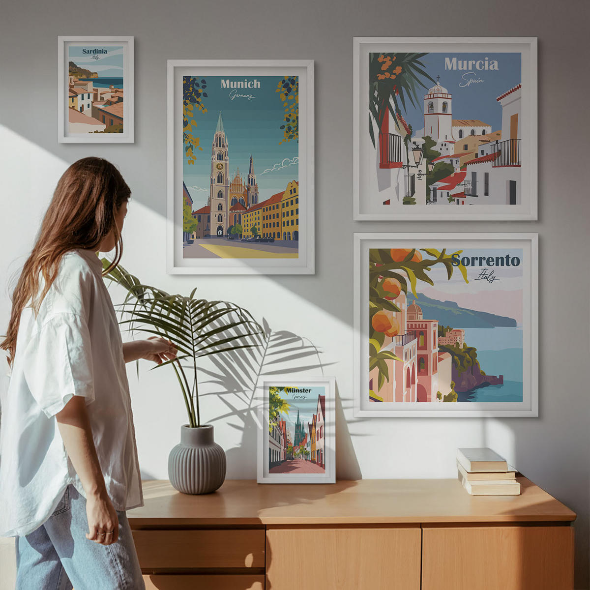 BILDER SET 5er Set - 50x50 cm & 20x30 cm & 40x60 cm Weißer Rahmen - Retro-Stadtillustrationen - Weiß, Kunststoff (40/60cm) - TULUP