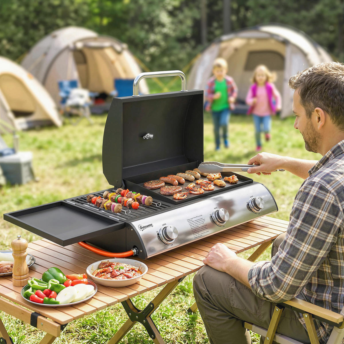 TISCHGASGRILL Metall Edelstahl Schwarz - Schwarz, Metall (47/27/77cm) - Outsunny