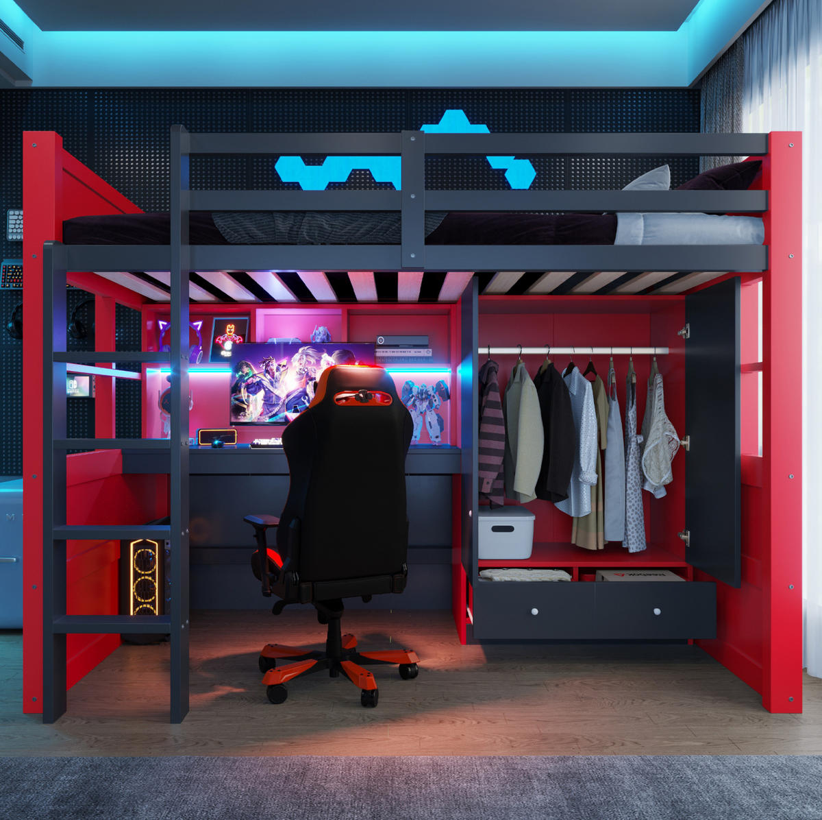 HOCHBETT 90/200 cm aus Holz mit LED-Beleuchtung Steckdosen Kleiderschrank und Schubladen Schwarz und Rot - Rot, Holz (90/200cm) - Modenvie