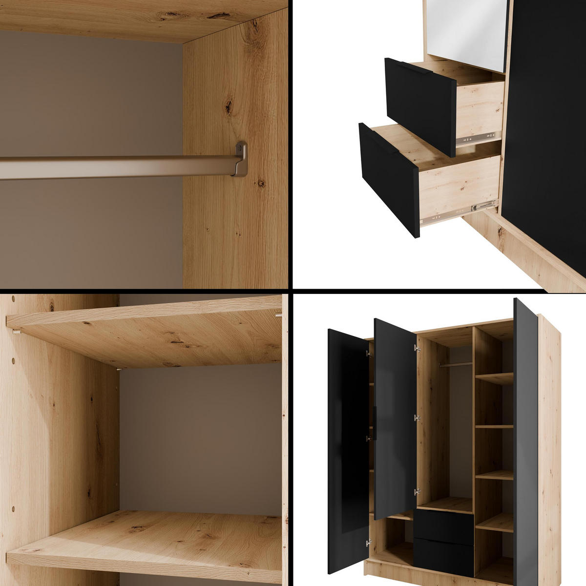 KLEIDERSCHRANK mit Spiegel und Flügeltüren KOLIN 150x200cm Artisan/Schwarz - Schwarz/Eiche Artisan, Holzwerkstoff (150/200/51cm) - ALTDECOR