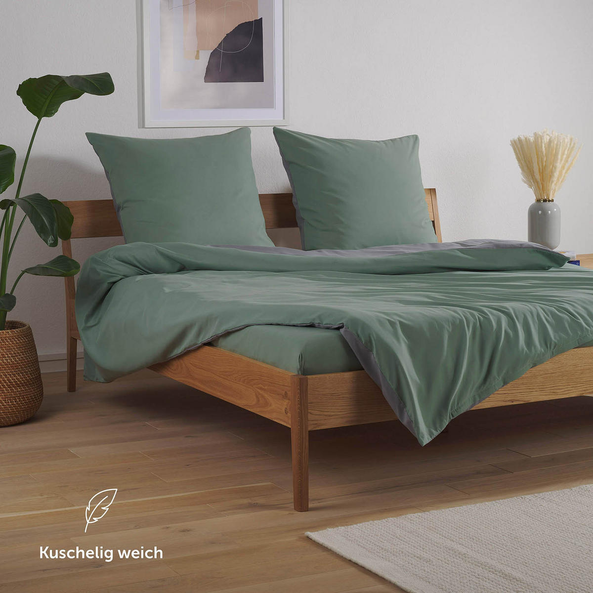 WENDEBETTWÄSCHE Ebba 200/200 cm 2 mal 80/80 cm, Grün und Grau - Grau/Grün, Textil (200/200cm) - Blumtal