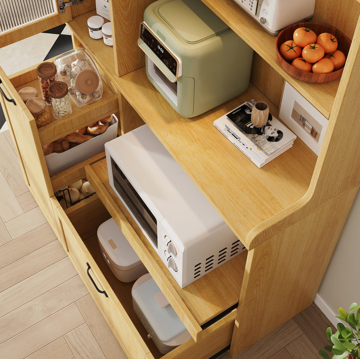 HIGHBOARD mit Schubladen 98/40/177 cm in Natur mit Riffelglas - Naturfarben, Holzwerkstoff (98/177/40cm) - BEAOK