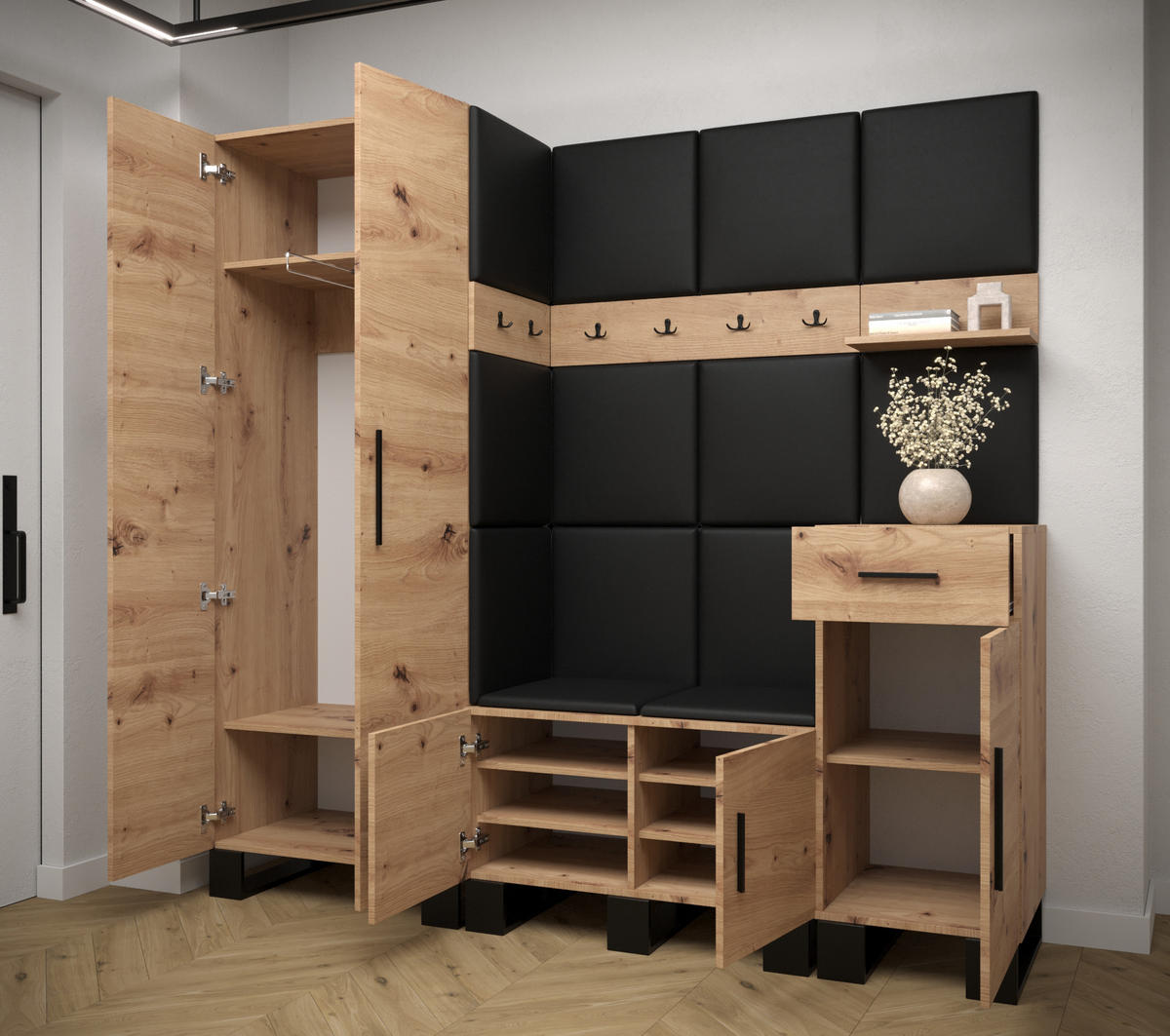GARDEROBEN-SET 196/200/45,6 - Waldgrün/Schwarz, Holz/Kunststoff (200/196/45.6cm) - Abiks Möbel