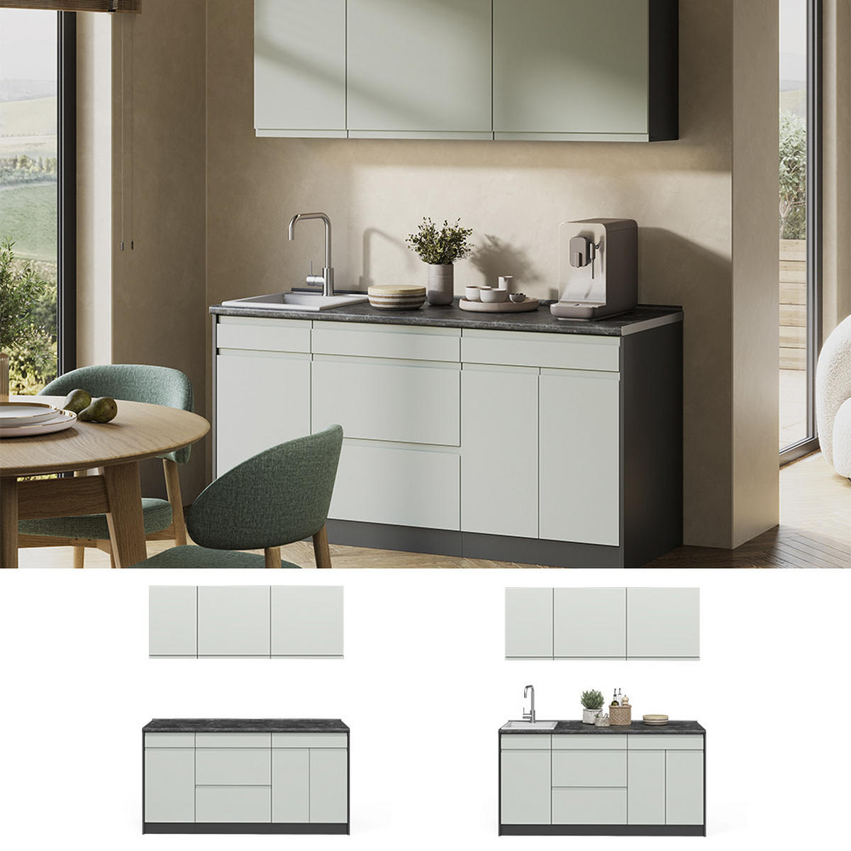 SINGLEKÜCHE R-Line, Pastellgrün/Anthrazit, 160 cm Arbeitsplatte Satin - Pastellgrün/Anthrazit, Holzwerkstoff (160/81.6/60cm) - Vicco
