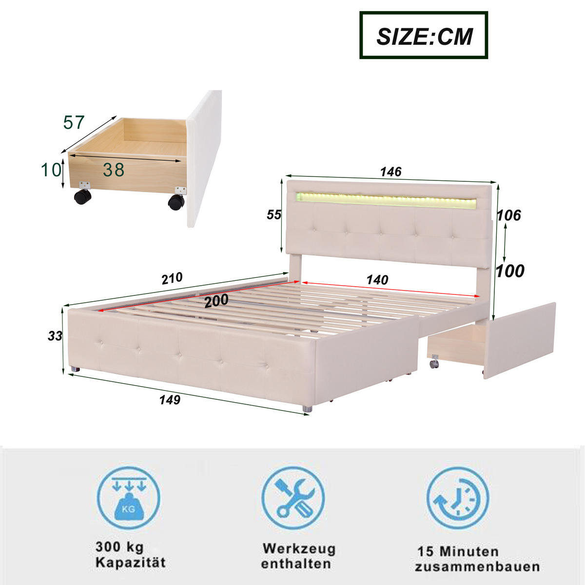 POLSTERBETT 140/200 cm DE-01701, in Beige, mit LED, 4 Schubladen und Bettkasten auf Rollen - Beige, Metall (140/200cm) - ComfortXL