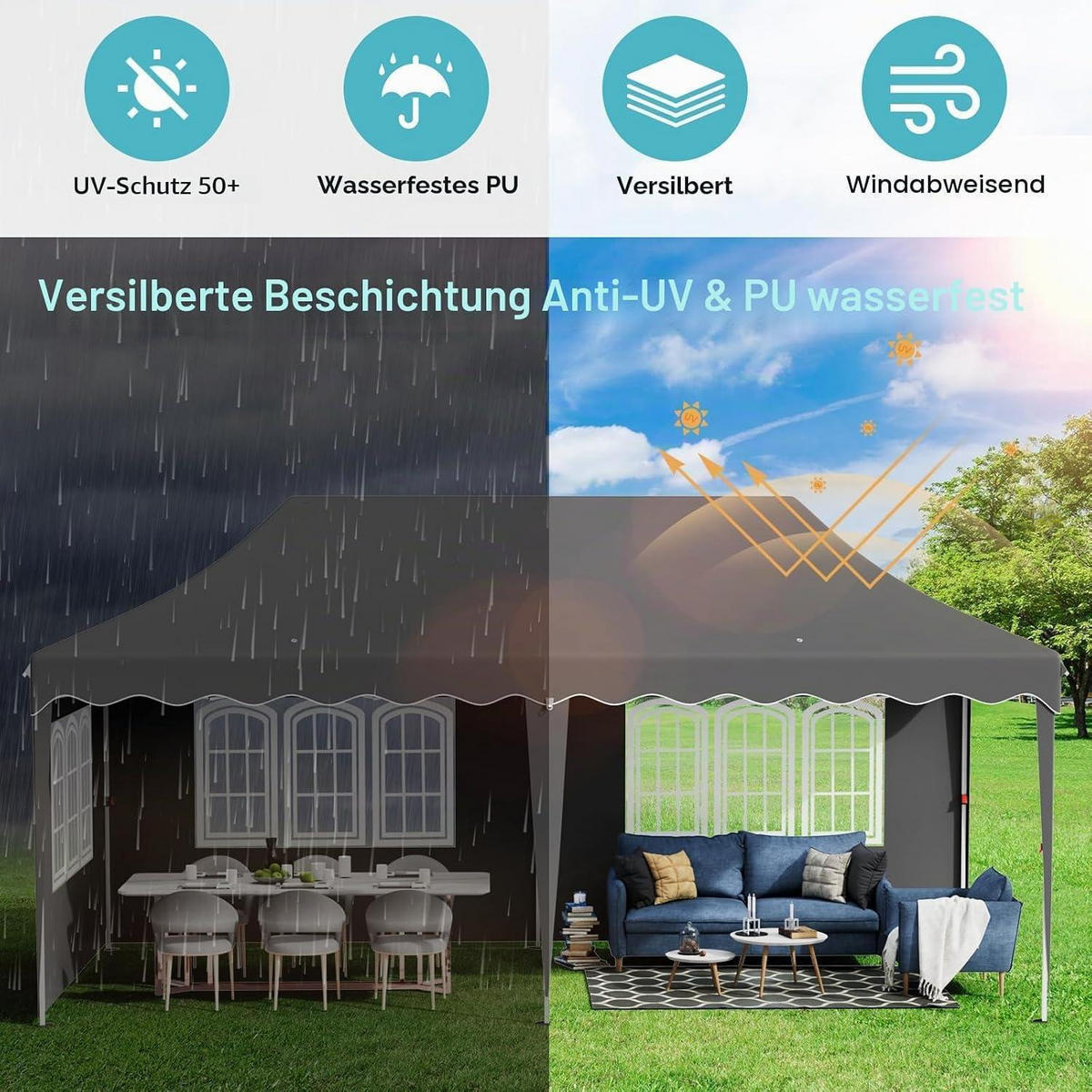 FALTPAVILLON 3x6 m Grau Wasserdicht mit 6 Seitenwänden, winterfest - Grau, Textil (300/310/600cm)