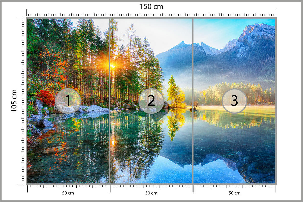 FOTOTAPETE für Schlafzimmer See Berge Bäume Sonnenuntergang Natur 150x105 - Gelb/Rot, Papier (150/105cm) - Muralo