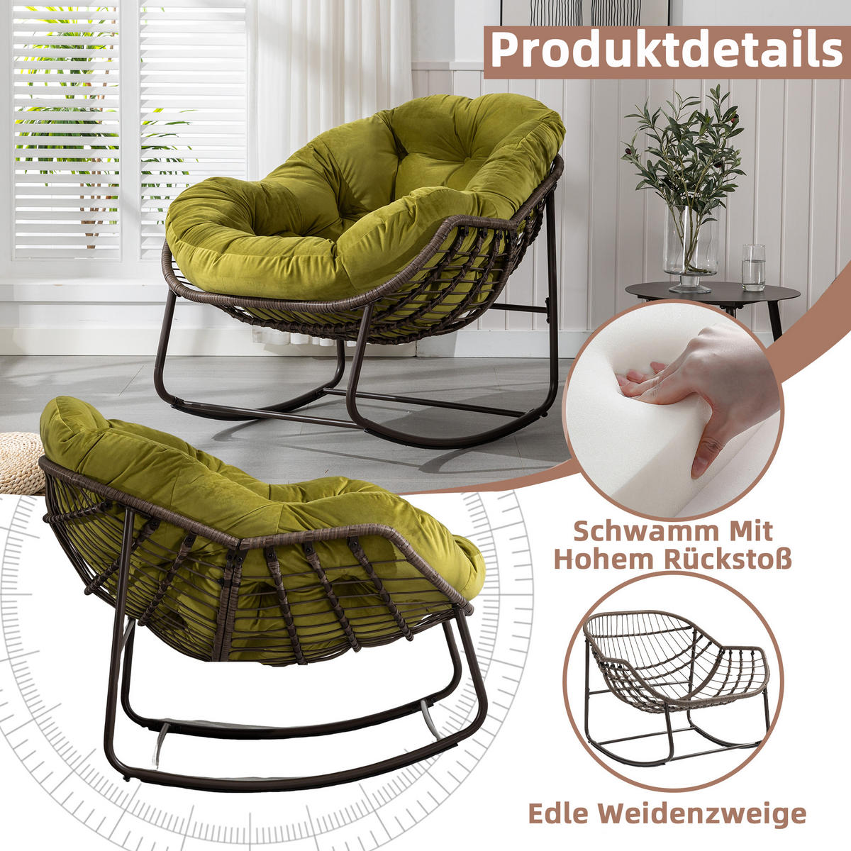 SCHAUKELSTUHL Schaukelsessel Garten,Rattanstuhl mit Stahlrahmen,Olivgrün-Samt - Olivgrün, Metall (94.5/80/111cm) - LVHOM