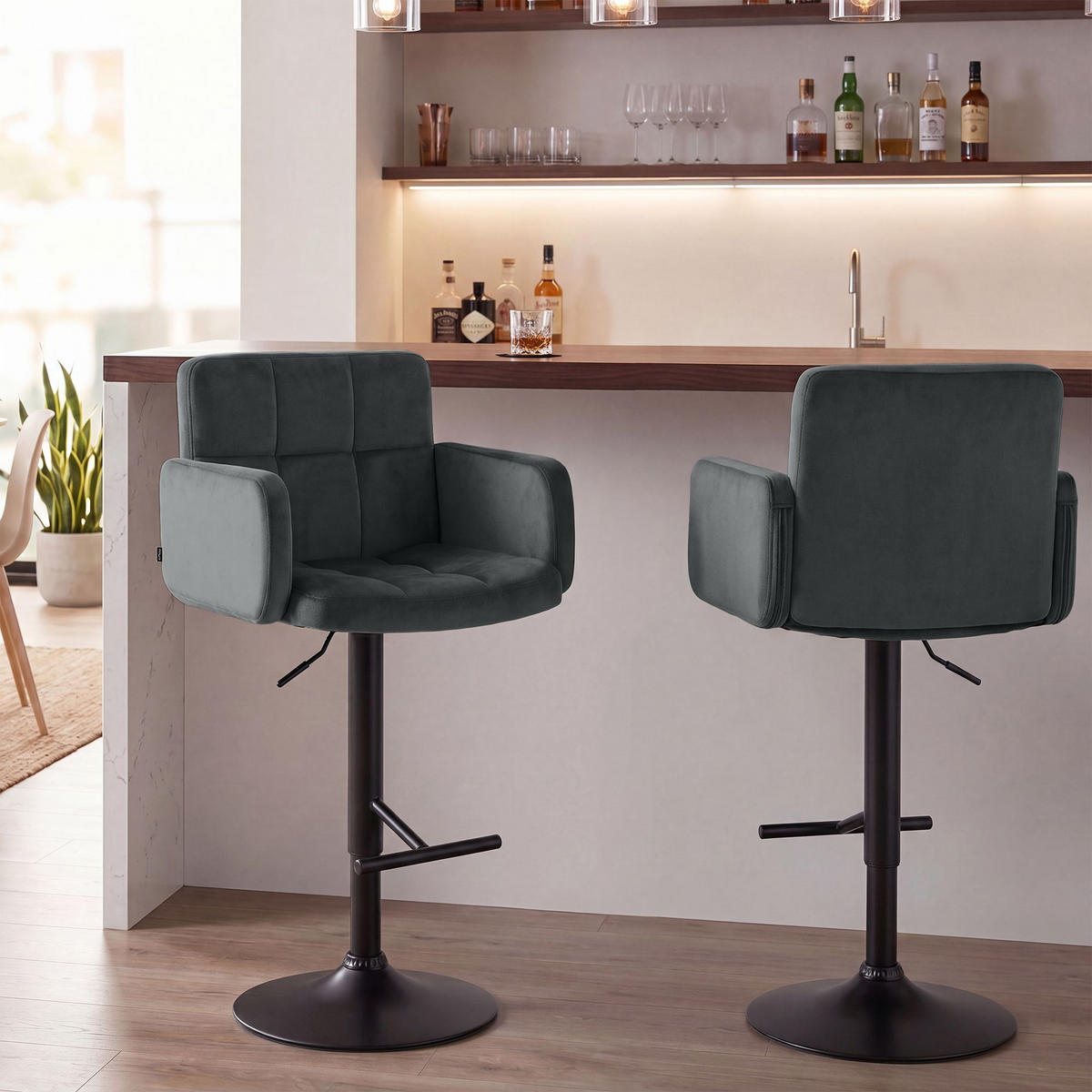 BARHOCKER 2 Samt Dunkelgrau - Dunkelgrau/Schwarz, Textil/Metall (60/93/56cm) - CLP