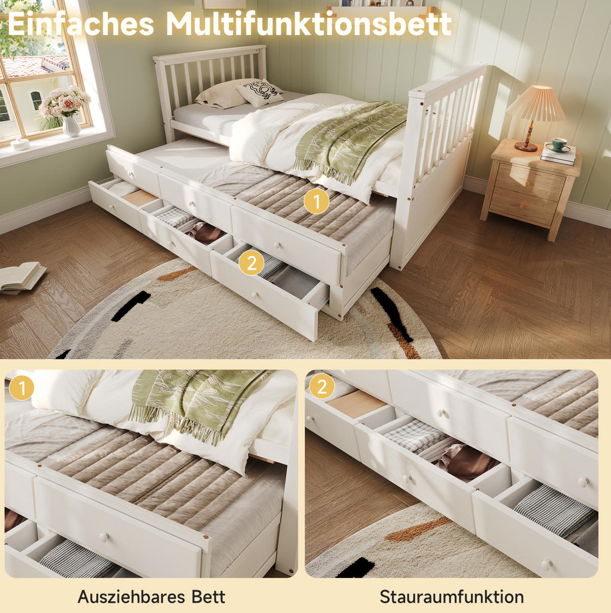 KINDERBETT 90/200 cm aus Kiefer mit Ausziehbett und 3 Schubladen Weiß - Weiß, Holzwerkstoff (90/200cm) - Modenvie