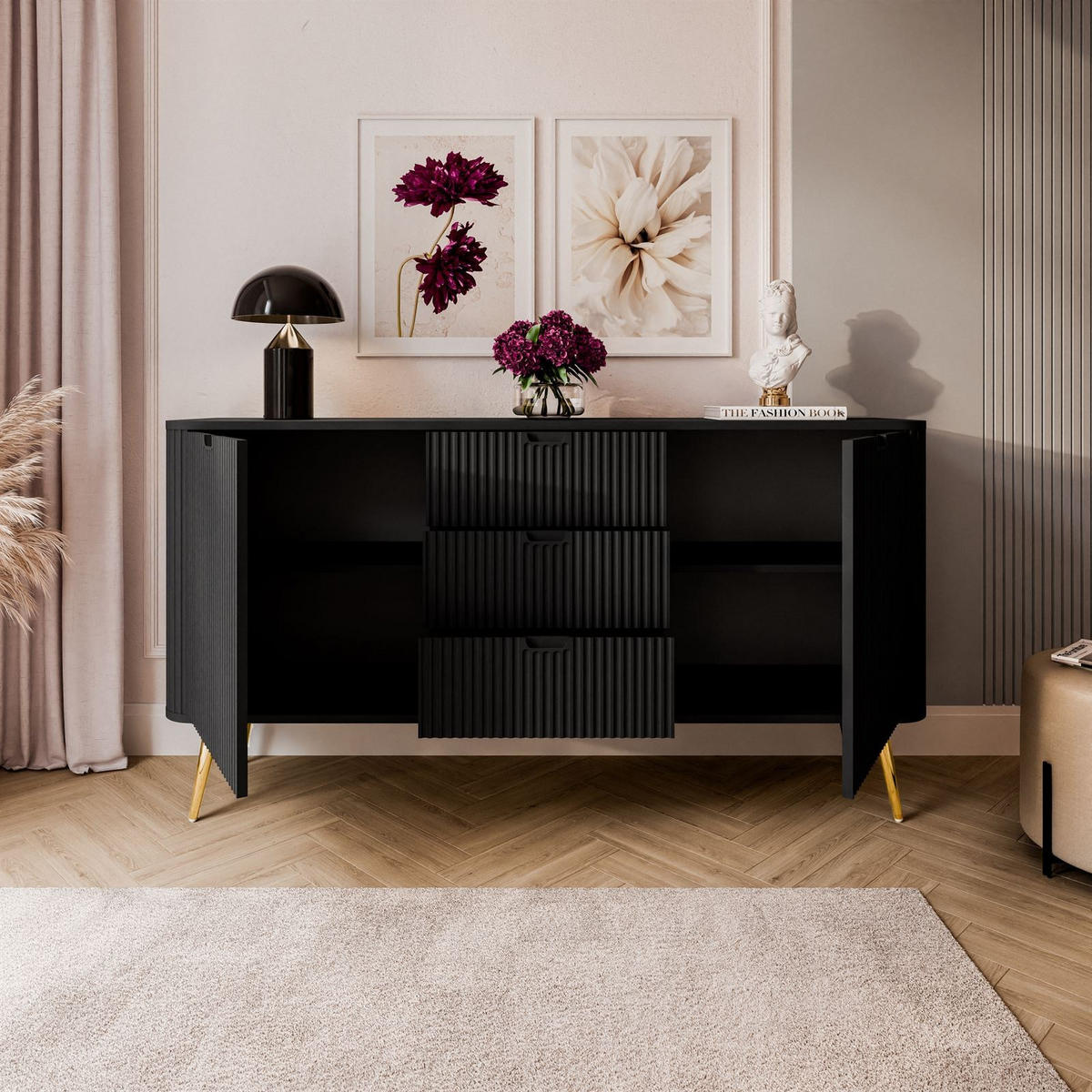 KOMMODE ZAIRA KSZ168 mit Schubladen Schwarz - Schwarz, Holzwerkstoff (168/87/39cm) - Lookway