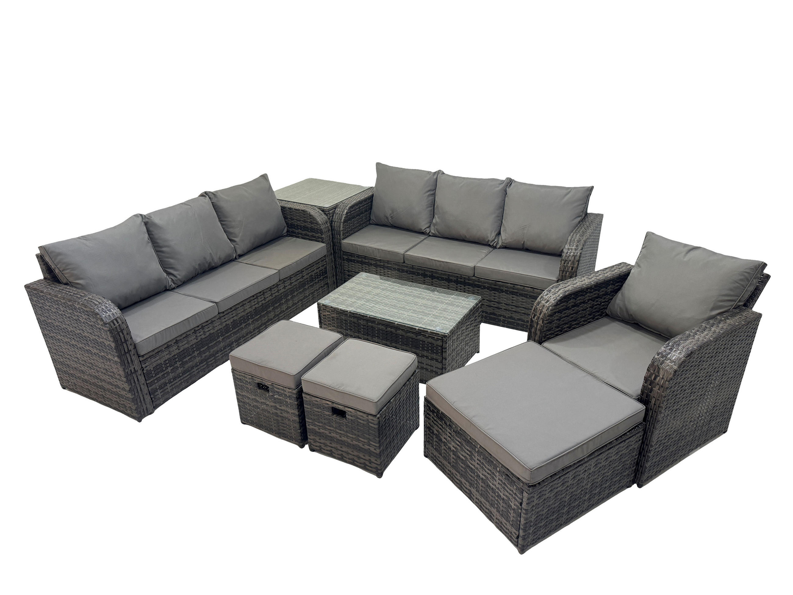 GARTENMÖBEL-SET mit Kissen Polyrattan Dunkelgrau 10-Sitzer - Dunkelgrau/Grau, Glas/Kunststoff - Fimous