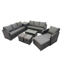 GARTENMÖBEL-SET mit Kissen Polyrattan Dunkelgrau 10-Sitzer - Dunkelgrau/Grau, Glas/Kunststoff - Fimous