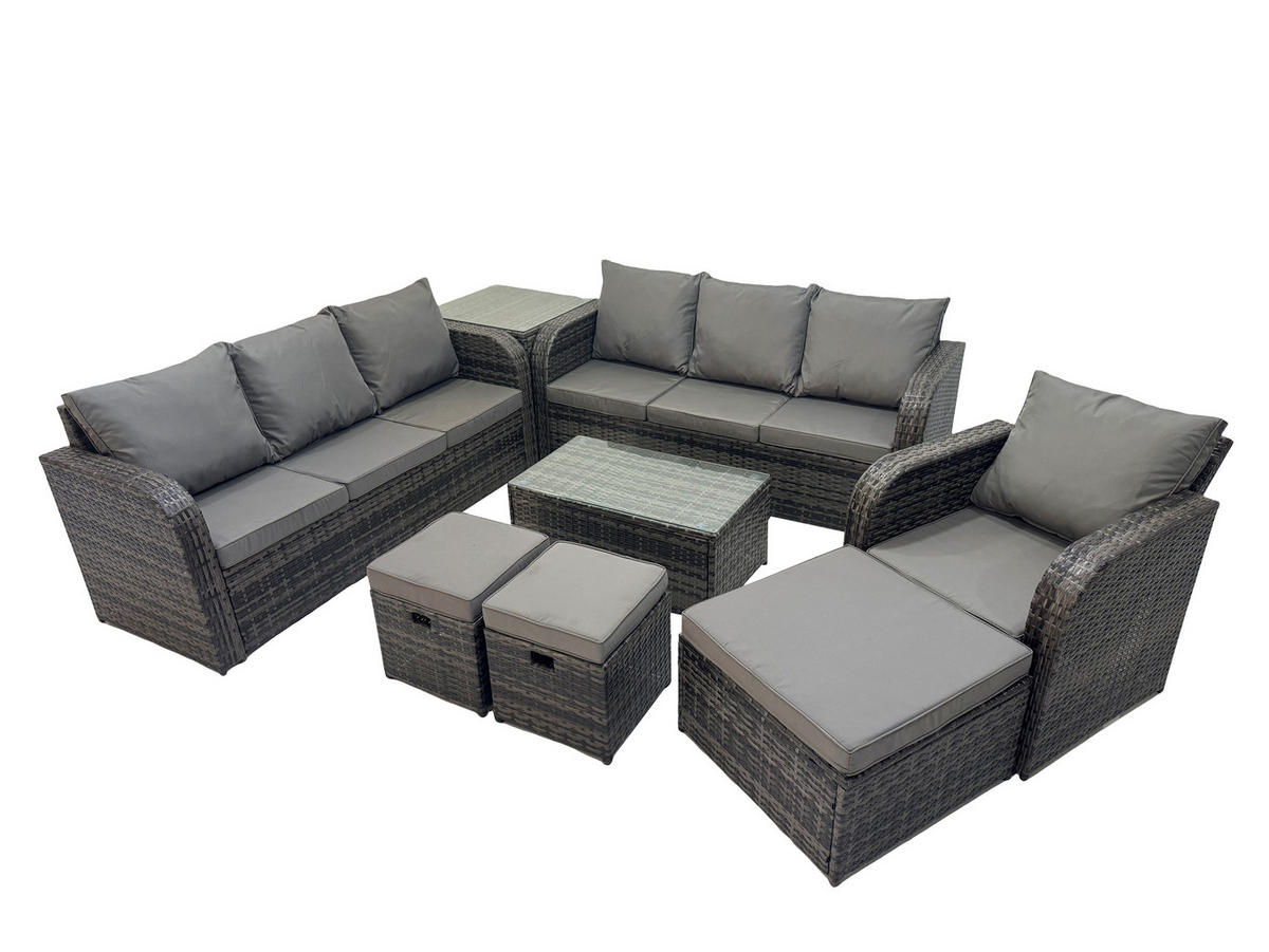 GARTENMÖBEL-SET mit Kissen Polyrattan Dunkelgrau 10-Sitzer - Dunkelgrau/Grau, Glas/Kunststoff - Fimous