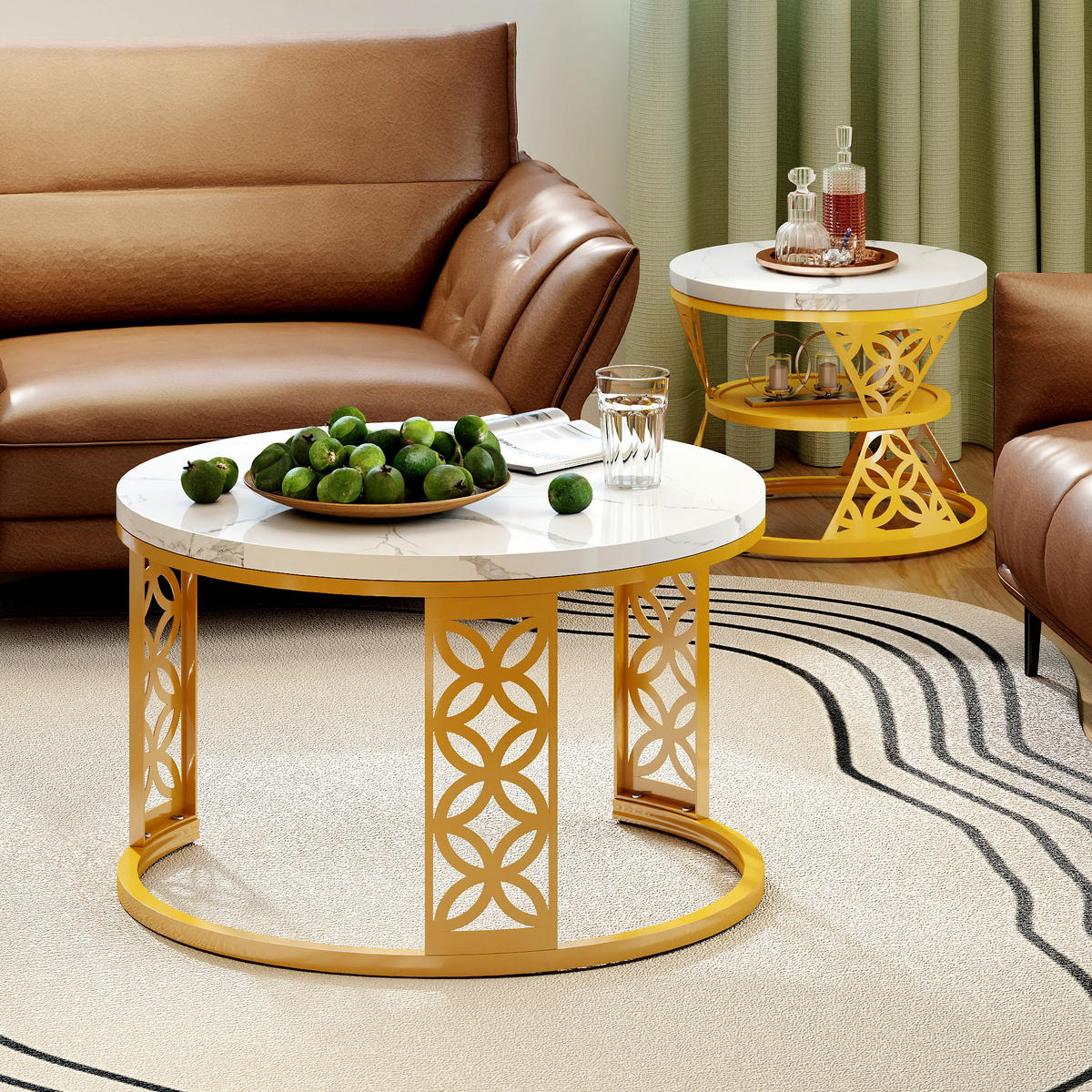 COUCHTISCH in Goldfarben Hitzebeständiger Wohnzimmertisch mit Marmor-Optik Platte Sofatisch mit Metallgestell - Goldfarben/Weiß, Holzwerkstoff/Metall (70/70/45cm) - STILVORA