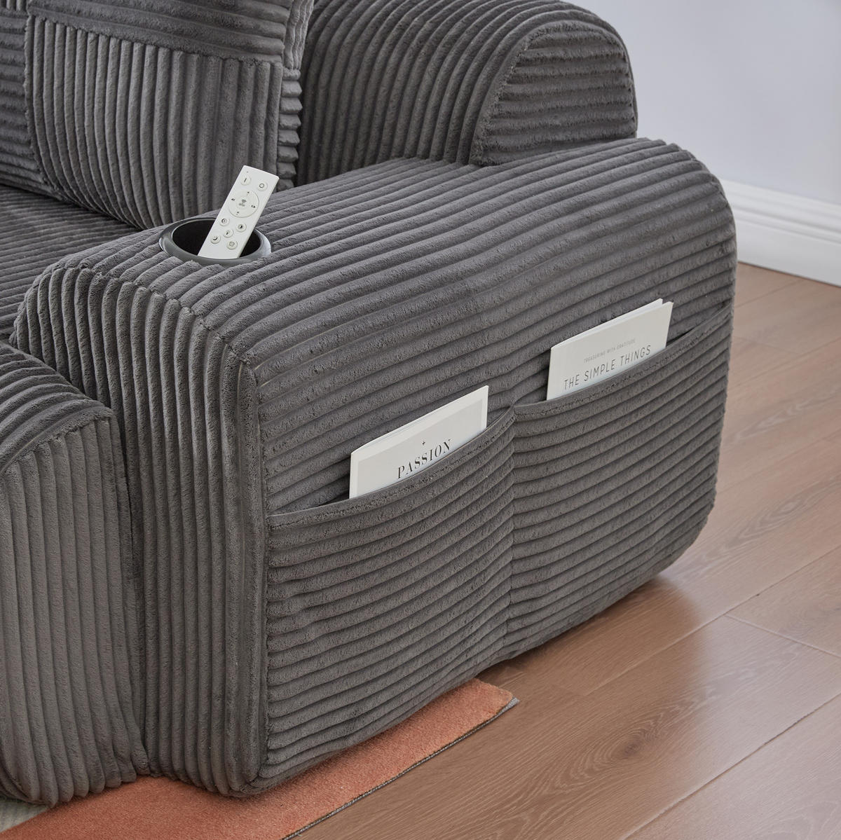 SOFA 200/174/80 cm in Dunkelgrau modular mit Cupholder und Seitentasche - Dunkelgrau, Textil (174/80/200cm) - Flora Grace