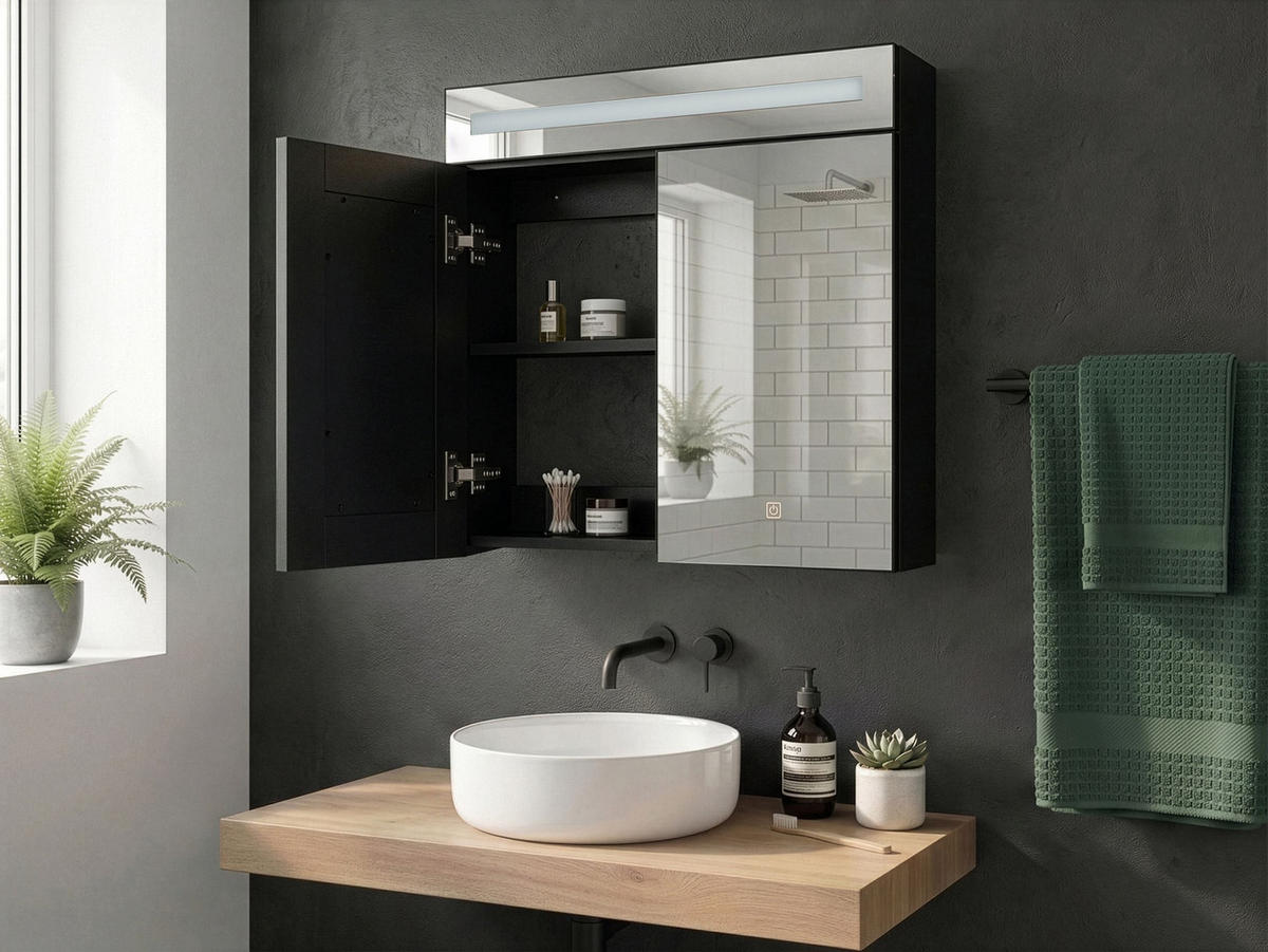 KOUPELNOVÁ ZRCADLOVÁ SKŘÍŇKA LED 60/60 cm Černá Jaramillo - černá/stříbrná, kompozitní dřevo (60/60/12cm) - Beliani