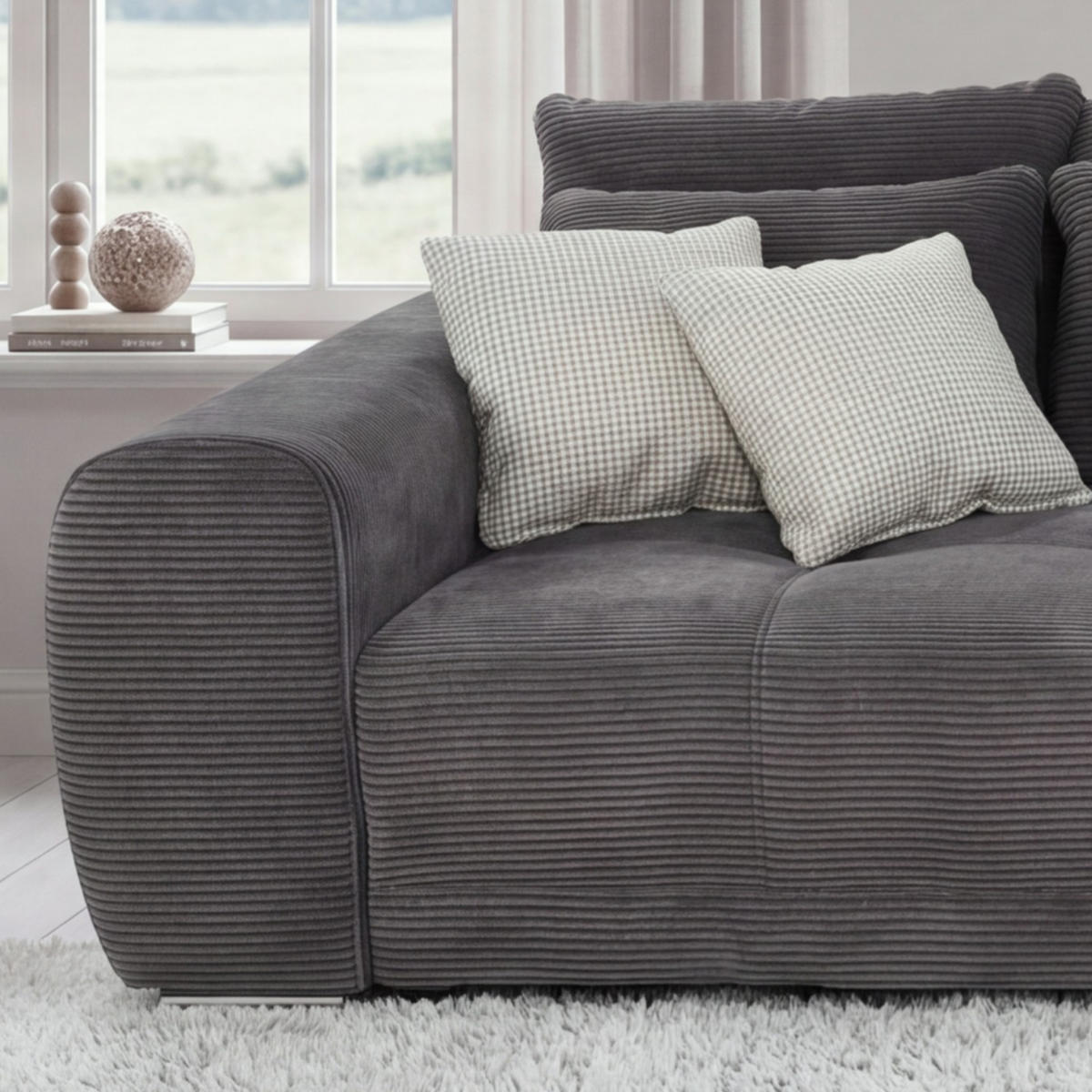 BIG-SOFA Federkern B306/T134/H86 cm, Liegefläche 120x240 cm, Cord Dunkelgrau / 15171 - Chromfarben/Dunkelgrau, Textil/Metall (306/86/134cm) - luma-home