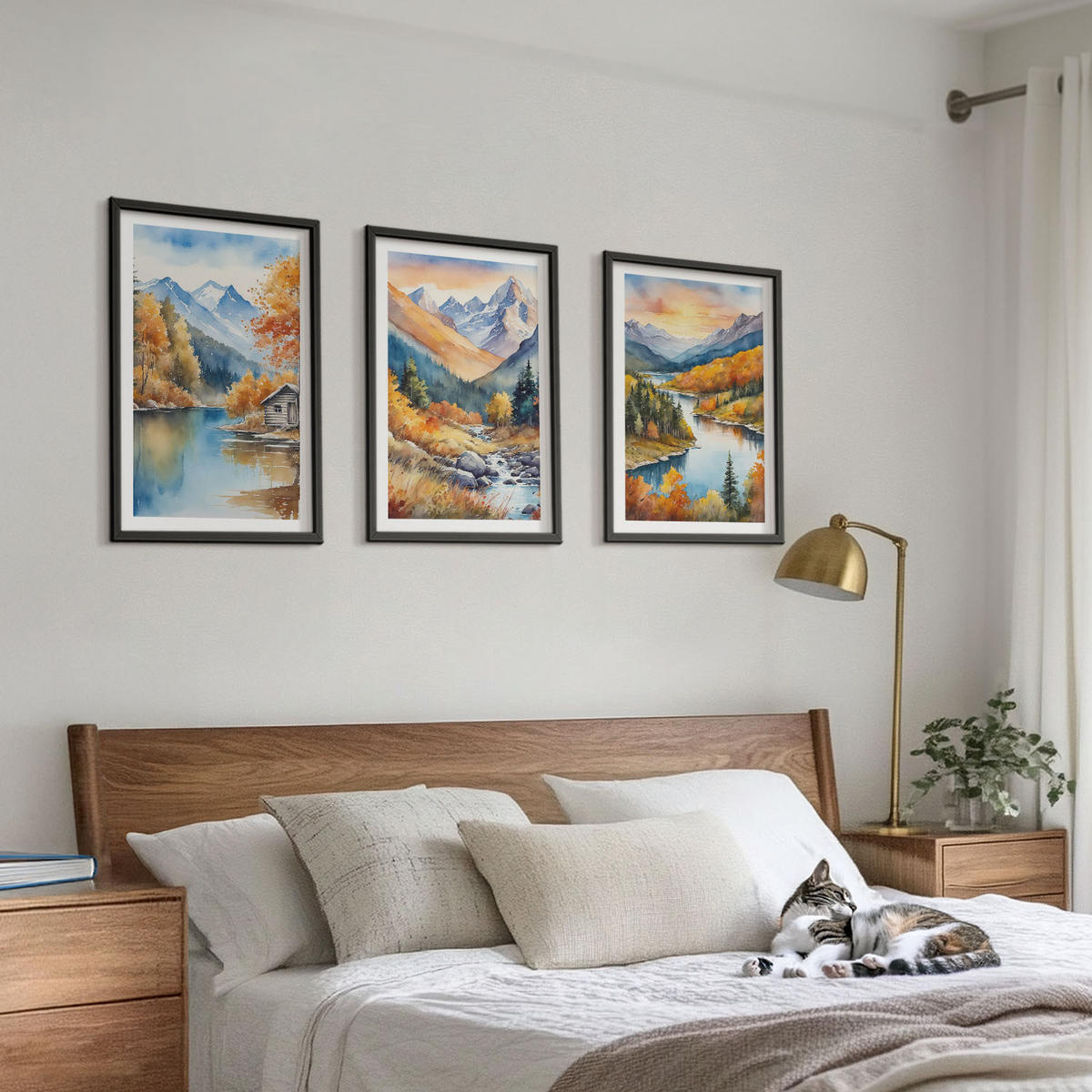 WANDBILDER 3er-Set - 40x60 cm Schwarzer Rahmen - Berglandschaft, Fluss, Herbst - Schwarz, Kunststoff (40/60cm) - ArtPrintCave