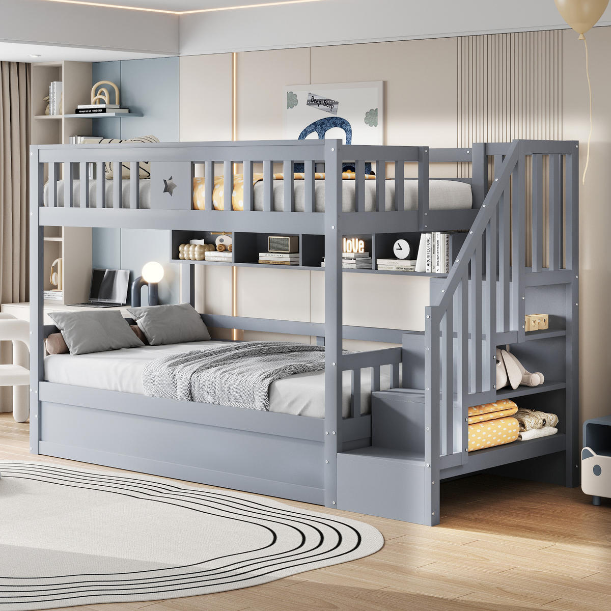 ETAGENBETTEN 90 x 200 cm, Holz,hydraulische Basis, Grau - Grau, Holz (90/200cm) - KOMHTOM