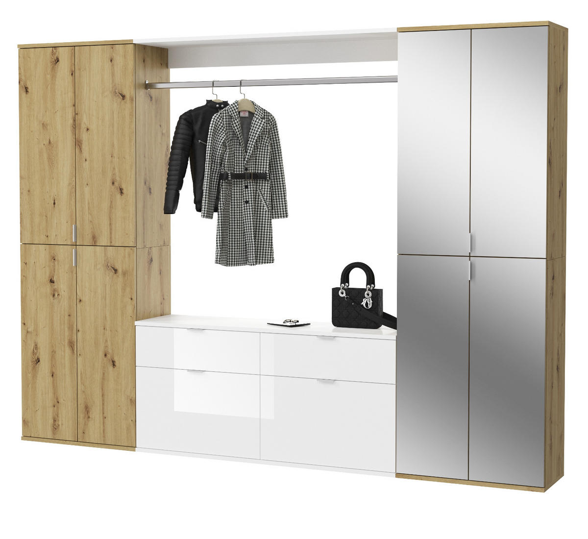 GARDEROBE Eiche Artisan, weiß Hochglanz 243 cm, Set mit viel Stauraum - Chromfarben/Weiß Hochglanz, Glas/Holzwerkstoff (243/193/34cm) - Inn.Furn