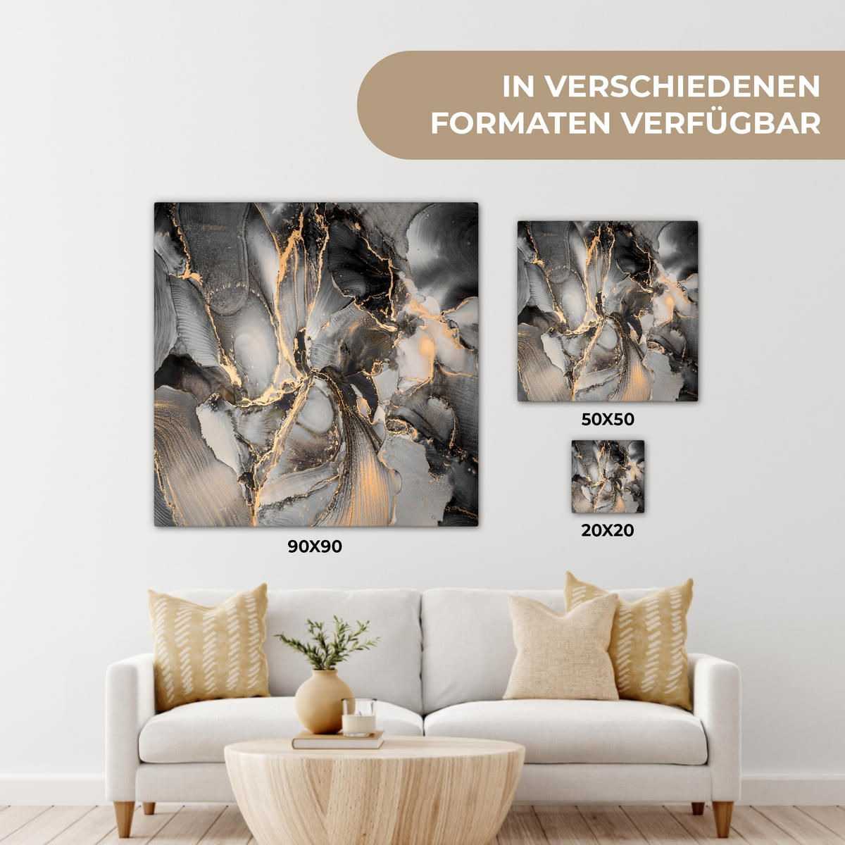 LEINWANDBILD Grau - Luxus - Gold - Marmor 90x90 cm - Dunkelgrau, Textil (90/90cm) - MuchoWow