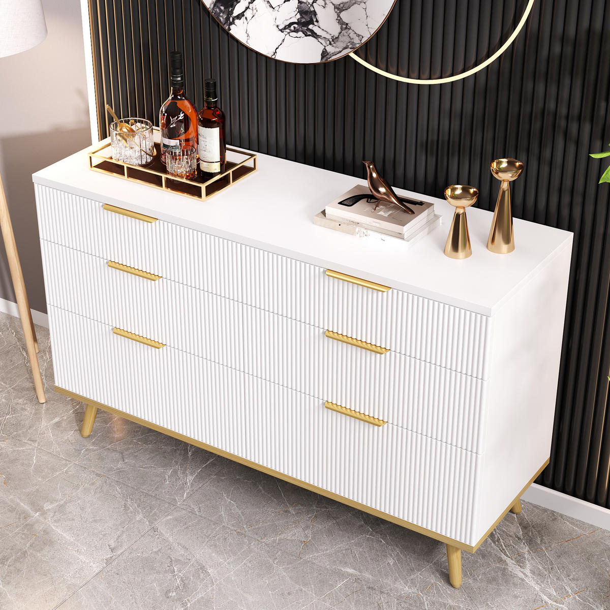 SIDEBOARD in Weiß Kommode mit 6 Schubladen und Holzoptik-Füßen für Wohnzimmer, Schlafzimmer und Flur, B120/T40/H76.5cm - Naturfarben/Weiß, Holzwerkstoff/Metall (120/76.5/40cm) - STILVORA