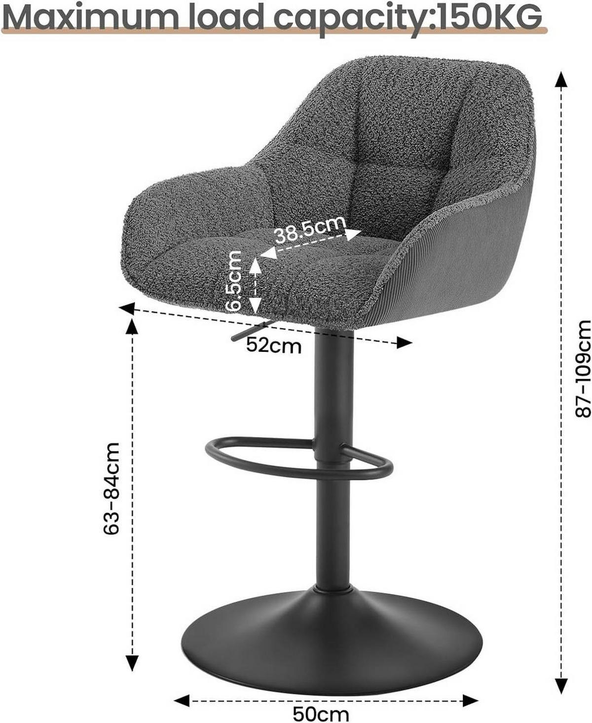 BARHOCKER gepolstert, Chenille, Cord, Dunkelgrau - Dunkelgrau/Schwarz, Kunststoff/Textil (52/87/50cm) - Woltu