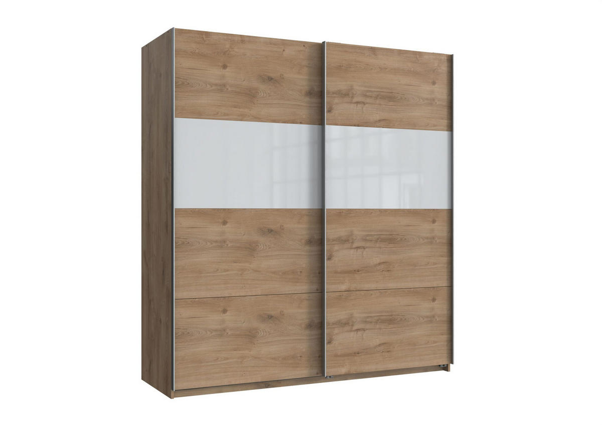 SCHWEBETÜRENSCHRANK Bramfeld in Plankeneiche mit Weiß Glas 180 x 198 x 65 cm (B x H x T) Kleiderschrank - Braun, Holzwerkstoff (80/200/120cm)