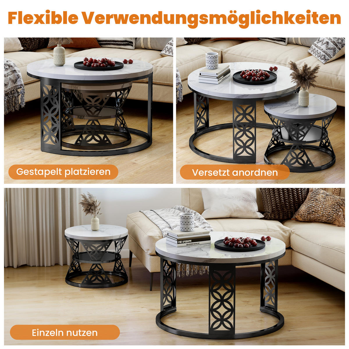 COUCHTISCH Moderner Satztisch 70/70/45 cm + 45/45/37 cm mit Marmor Furnier - Weiß, Holzwerkstoff (70/70/45cm) - OKWISH