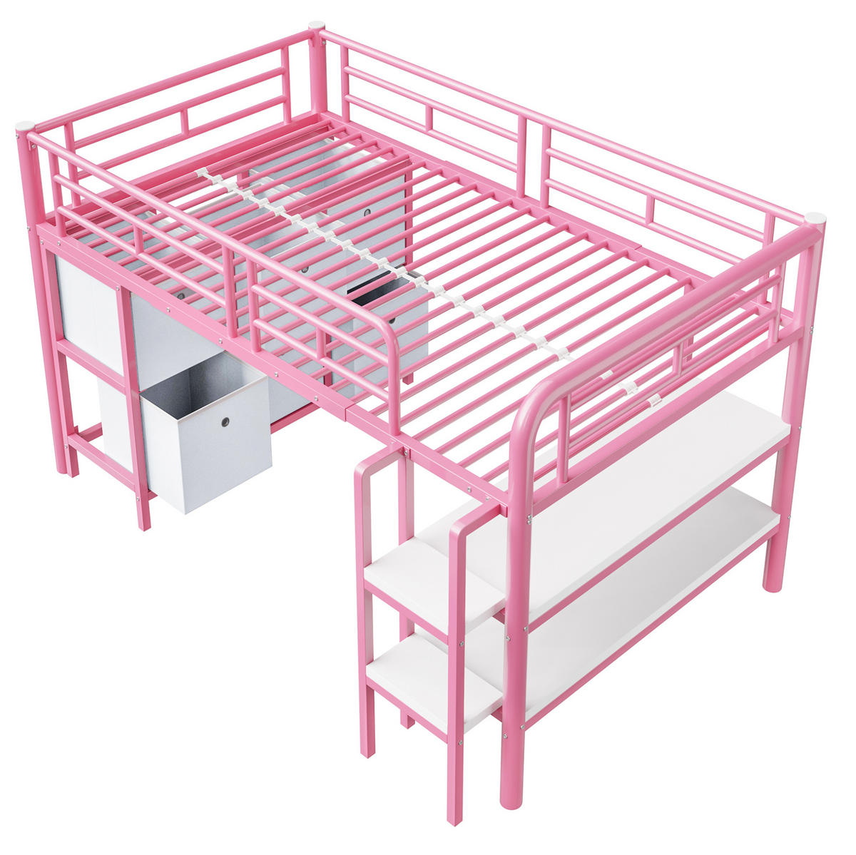 HOCHBETT aus Metall 90x200 cm in Rosa mit Treppe & Stauraum - Rosa, Metall (90/200cm) - Modfu