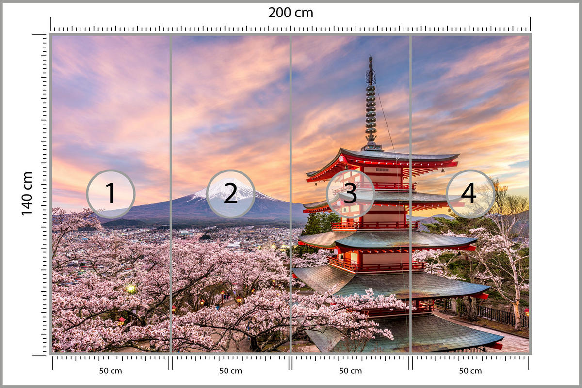 FOTOTAPETE für Wohnzimmer Japanische Pagode Frühling Sonnenuntergang 200x140 - Rot/Violett, Papier (200/140cm) - Muralo