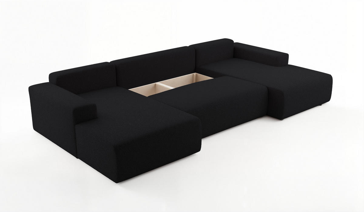 WOHNLANDSCHAFT PULA-U BOUCLE mit Schlaffunktion & Stauraum Schwarz - Schwarz, Textil (364/84/187cm) - Luxkor24
