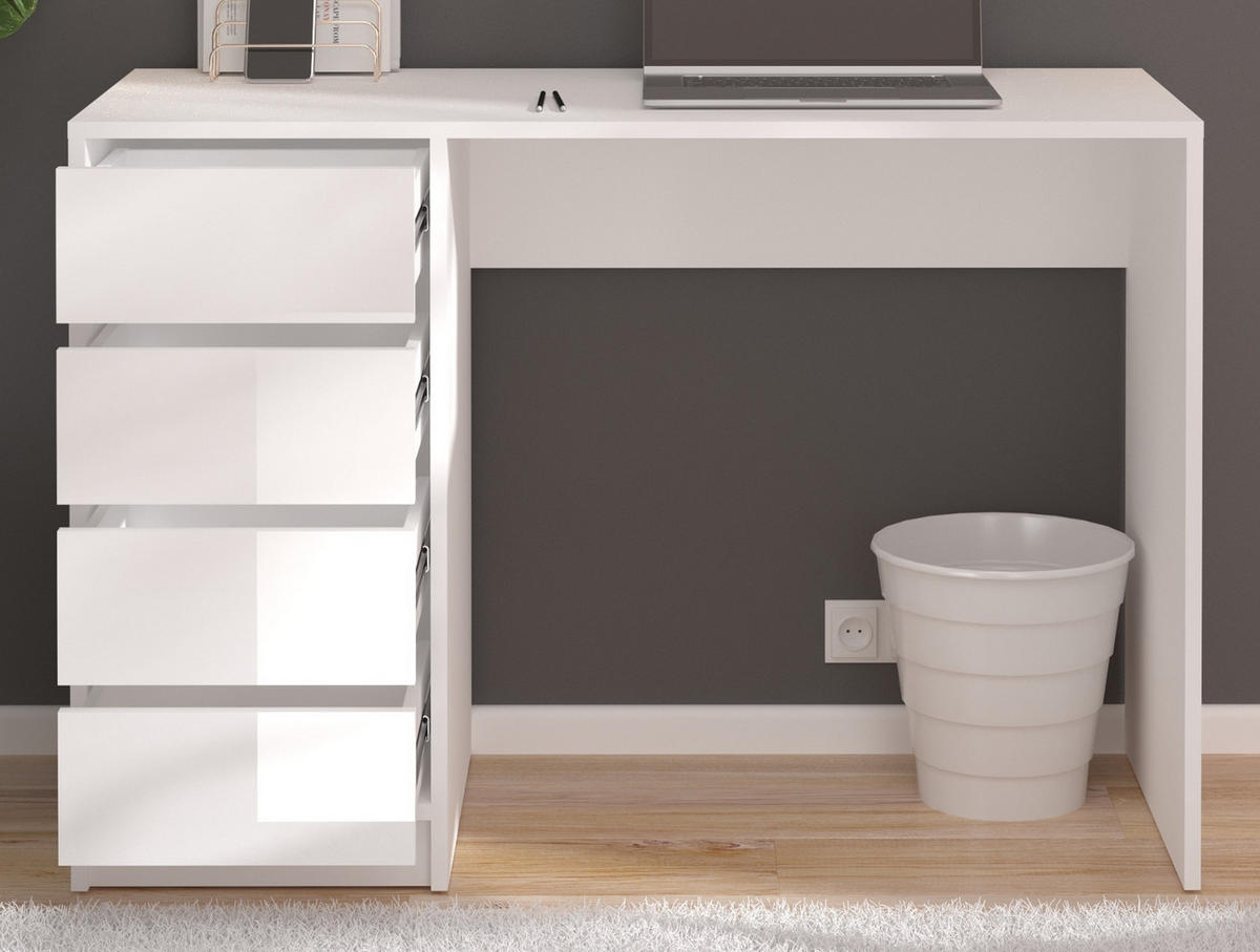 SCHREIBTISCH weiß Hochglanz 110 cm, für Homeoffice und Büro mit 4 Schubladen - Weiß Hochglanz/Weiß, Holzwerkstoff/Metall (110/48/75cm) - Inn.Furn