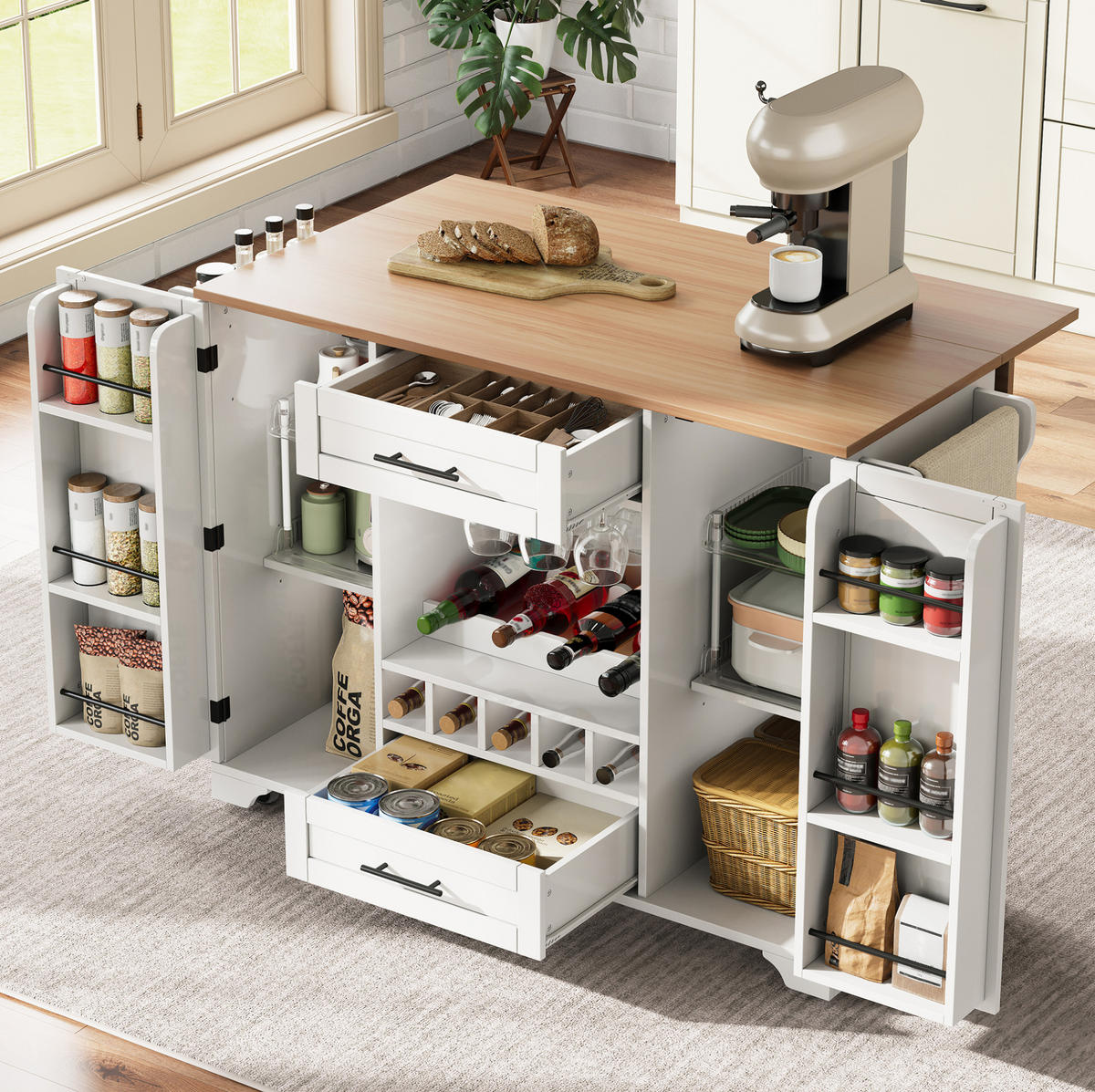 KÜCHENINSEL 138/92/45(70) cm Weiß/Natur aus MDF mit ausklappbarer Arbeitsplatte - Weiß, Holzwerkstoff (70/92/138cm) - OKMYHOME
