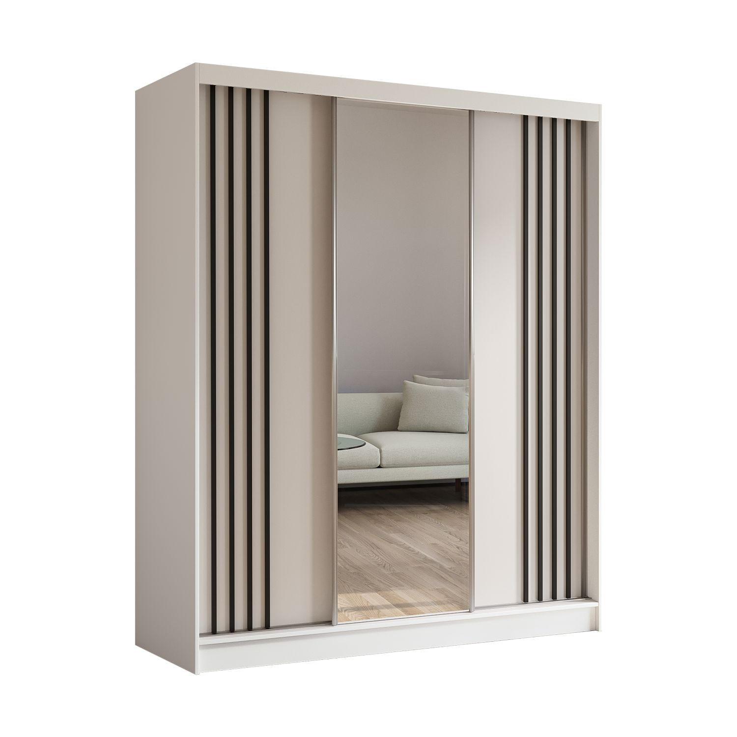 SCHWEBETÜRENSCHRANK Neli 180 cm mit Lamellen und Spiegel 3-türig, weiß, weiß, Lamelle schwarz - Schwarz/Weiß, Kunststoff (180/216/61cm) - Margaret Hadas24