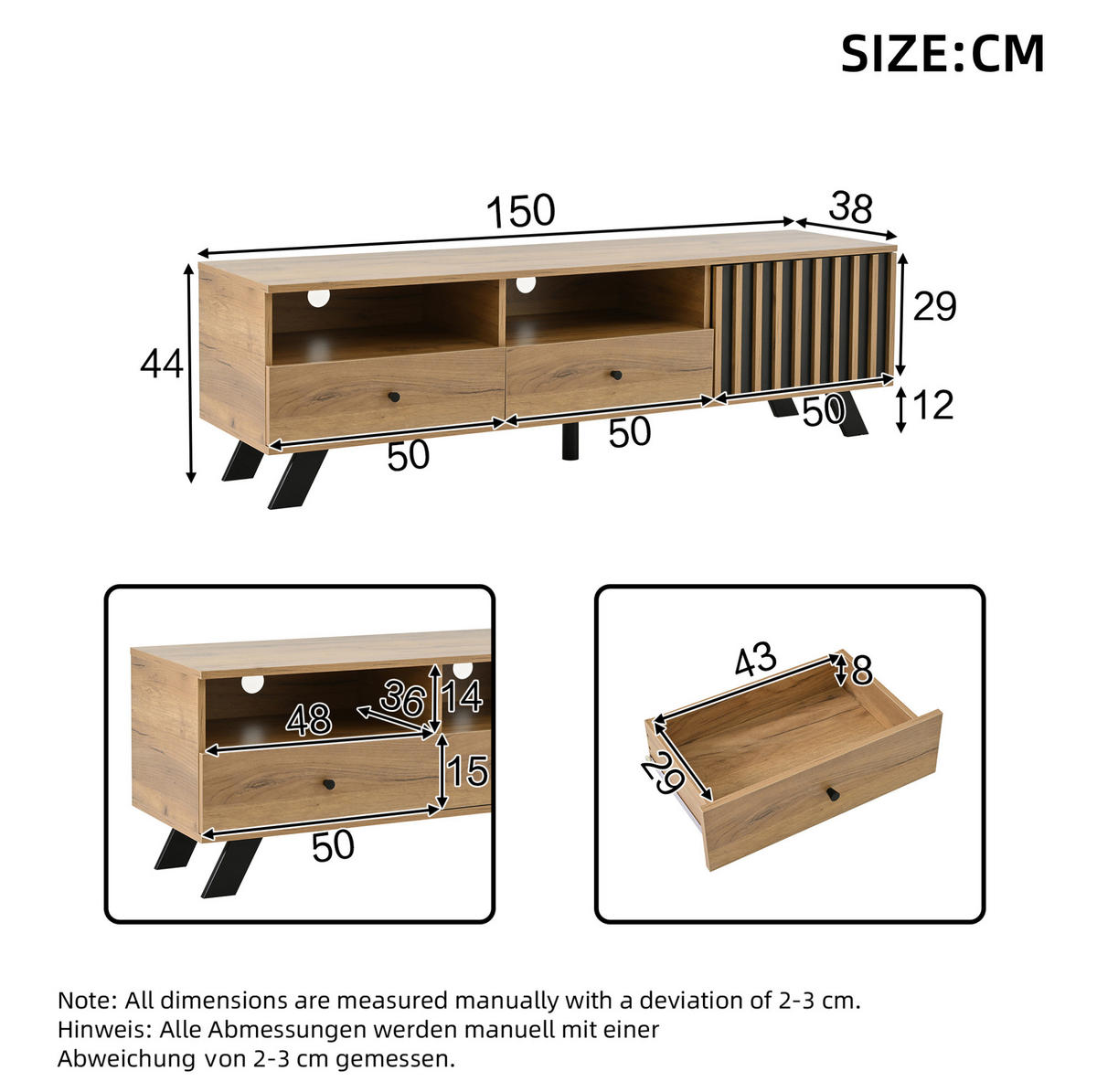 LOWBOARD 150/38/44 cm in Naturholzfarben/Schwarz mit 2 Schubladen und 1 Schrank - Naturfarben, Holzwerkstoff (150/44/38cm) - Flora Grace