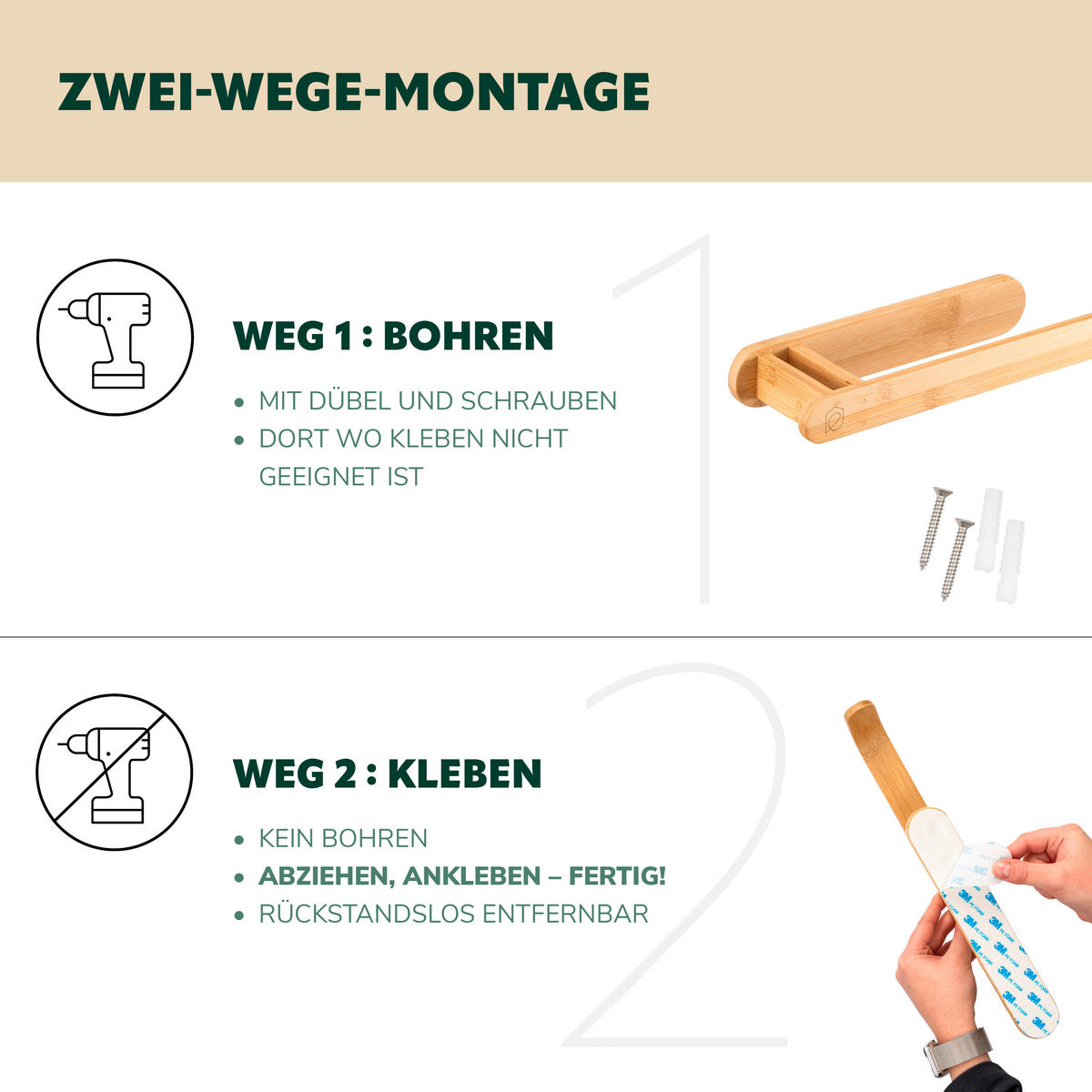 WAND-KÜCHENROLLENHALTER, Bambus - Braun, Holz (34.5/3/8cm) - eluno