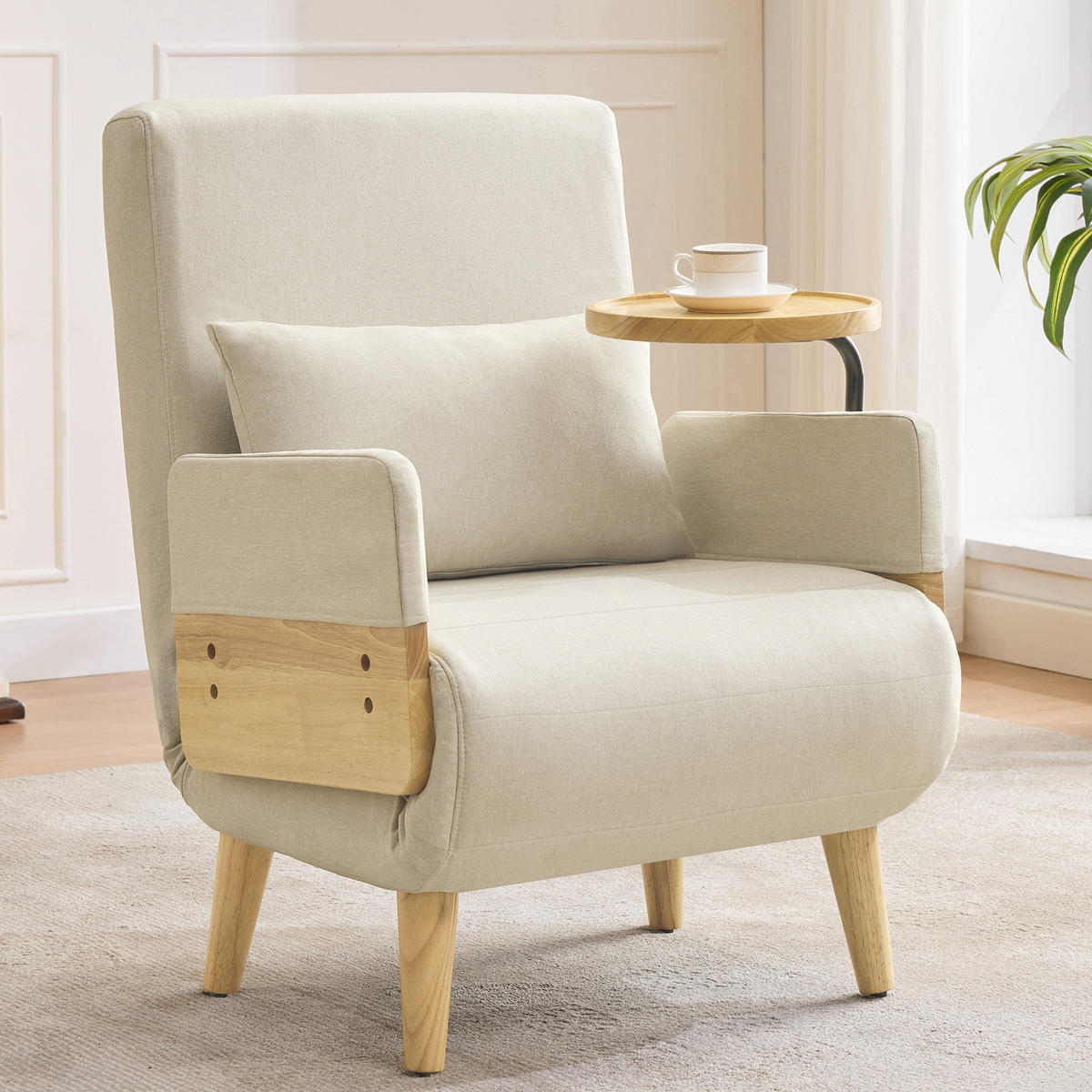 SCHLAFSESSEL Leinen Beige mit Schlaffunktion, Kissen und Holztablett - Beige/Naturfarben, Holz/Holzwerkstoff (66/88/74.5cm) - WISHDOR