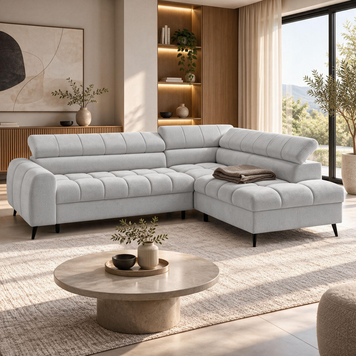 ECKSCHLAFSOFA Vinni Hellgrau, Chenille-Stoff, rechts - Hellgrau, Textil (265/205cm) - Beautysofa